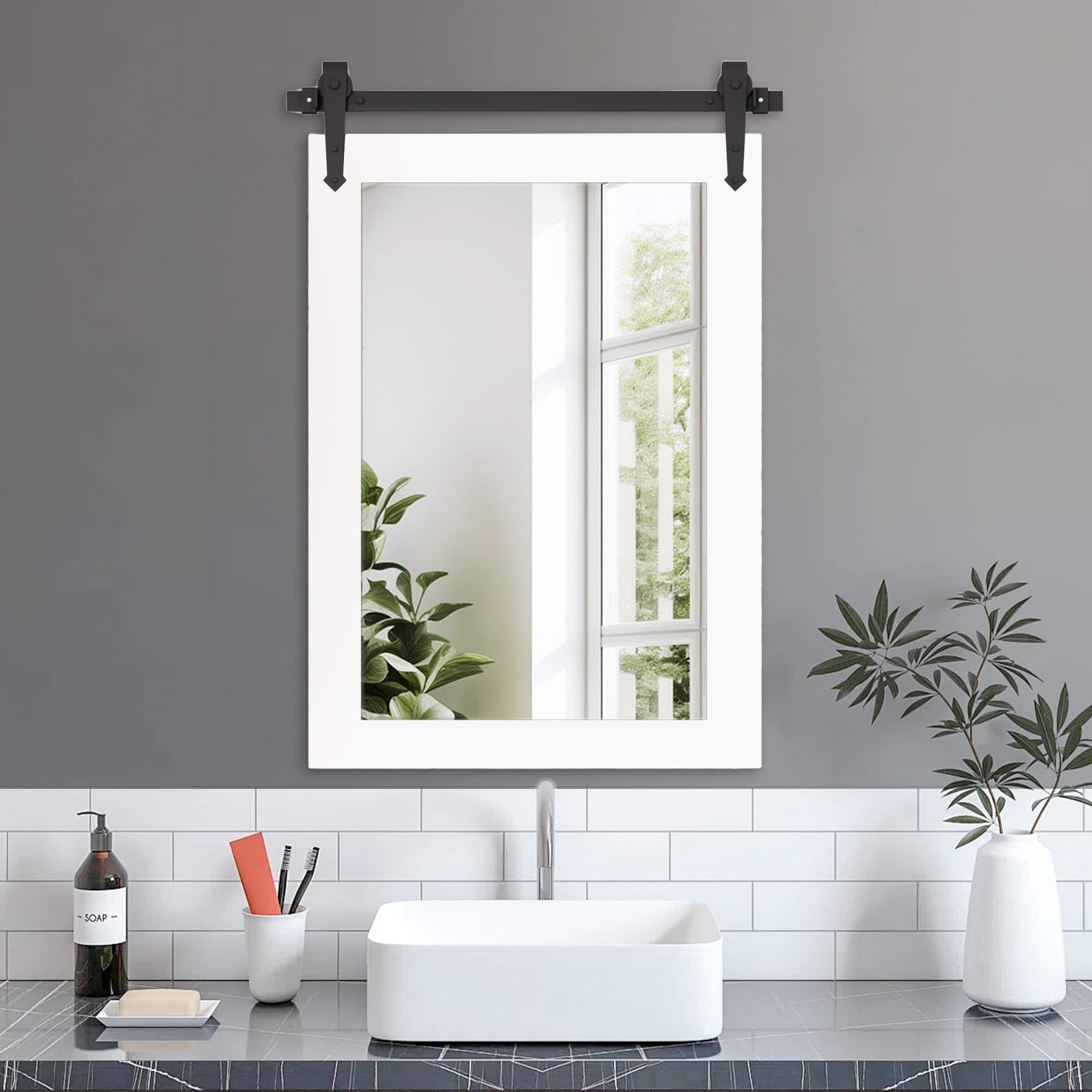 TECH SAFARI - Farmhouse Barn Door Mirror Rustic Decorative Vanity Mirrors Wall Decor For Bathroom Living Room Entryway - White 24"L x 18"W