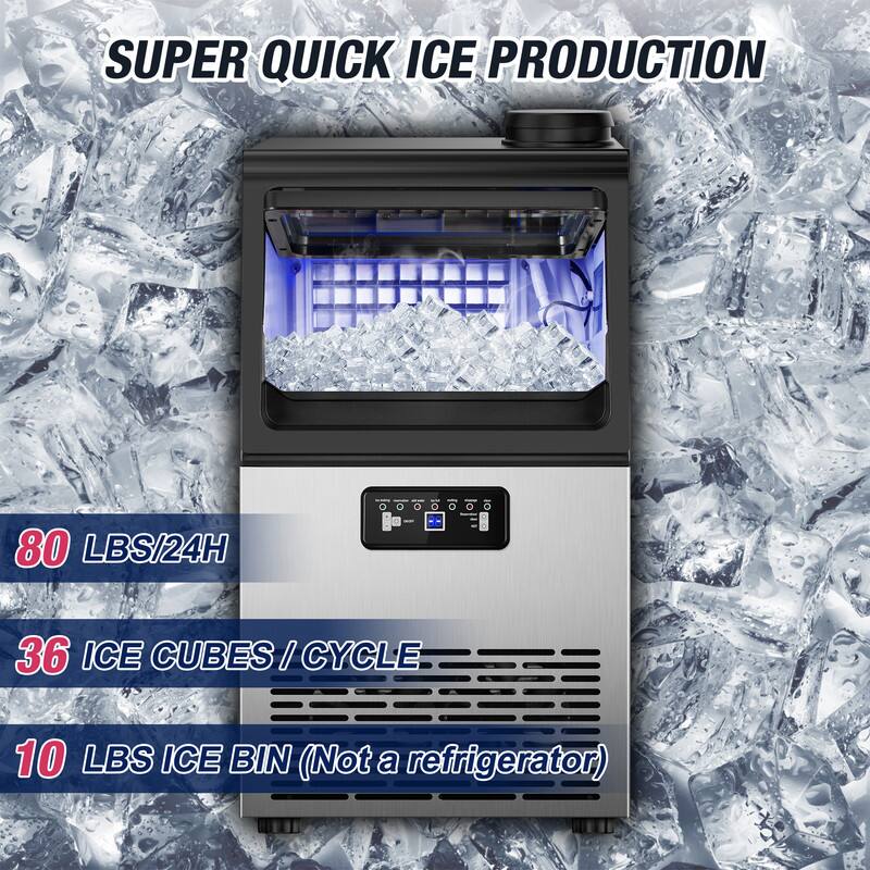 SUPER QUICK ICE PRODUCTION

80 LBS/24H

36 ICE CUBES/CYCLE

10 LBS ICE BIN (Not a refrigerator)