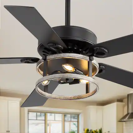 Front. Breezary - 52 Inch Ceiling Fan with Remote, 5 Plywood Dual-Finish Blades, DC Motor, E12x3 Bulb Base, 5"&10" Downrods - matte black and wood grain gray.