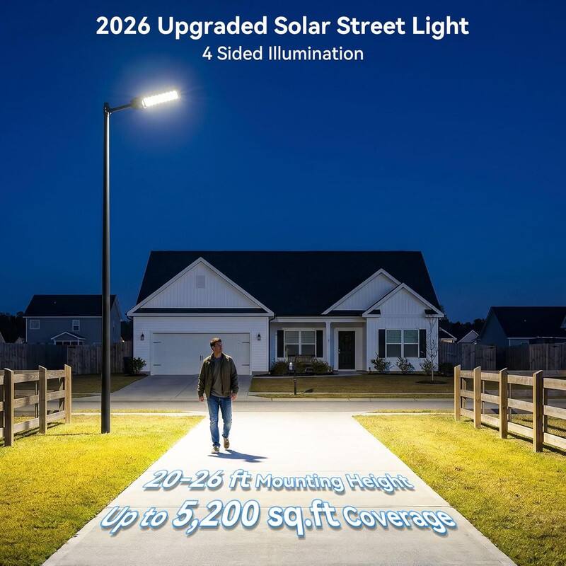 2026 Upgraded Solar Street Light  
4 Sided Illumination  
20-26 ft Mounting Height  
Up to 5,200 sq.ft Coverage