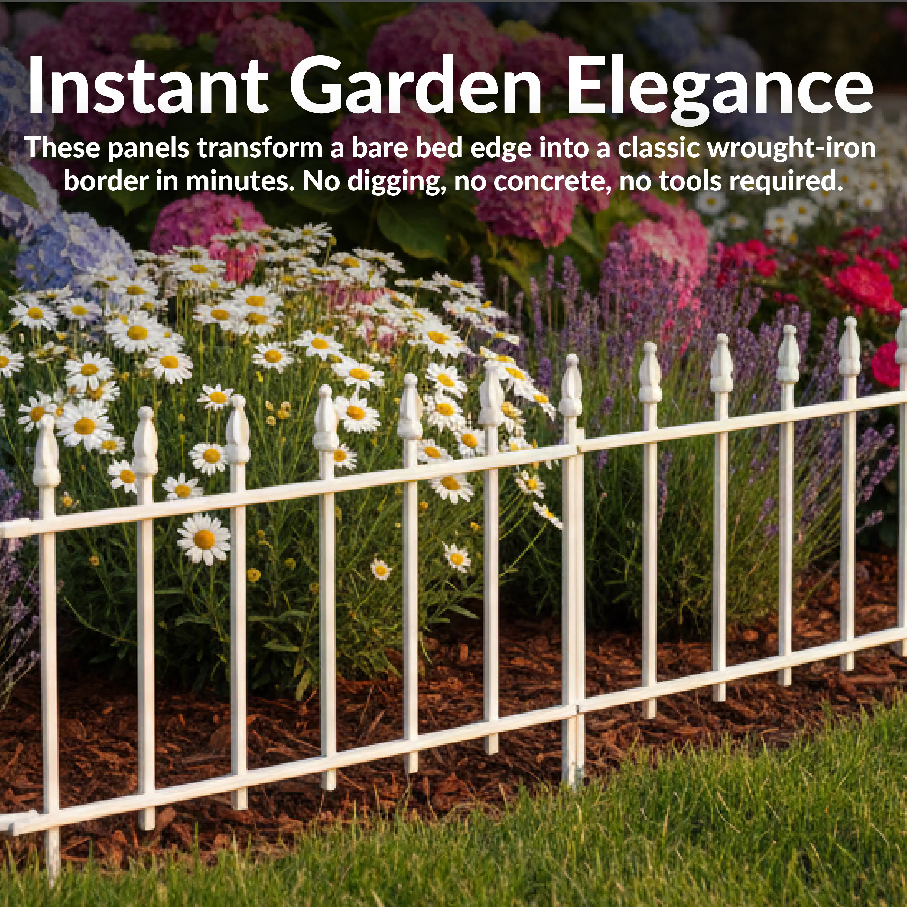 Instant Garden Elegance  
These panels transform a bare bed edge into a classic wrought-iron border in minutes. No digging, no concrete, no tools required.