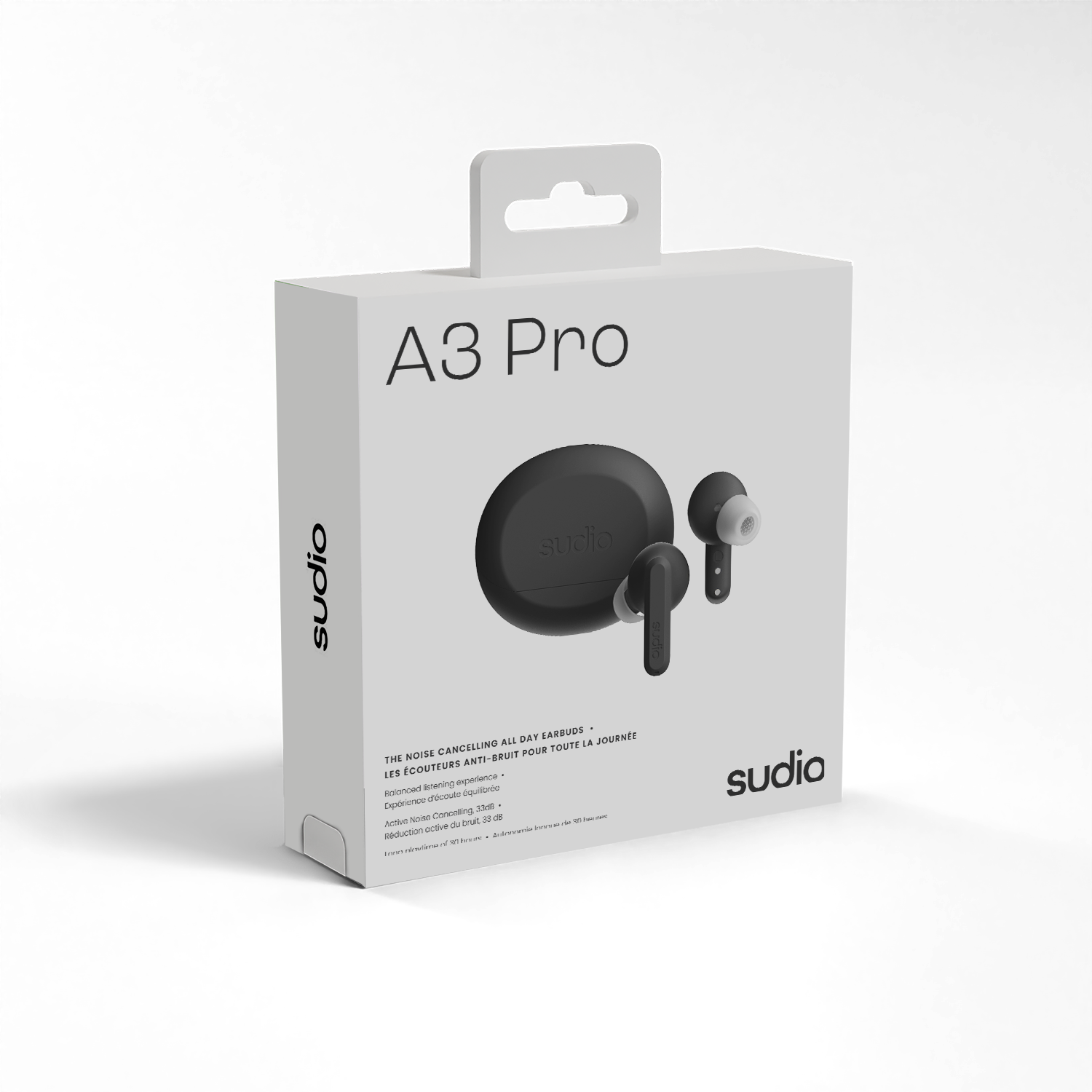 A3 Pro  
sudio  
EARBUDS - TOUTE LA JOURNÉE  

THE NOISE CANCELLING ALL DAY  
LES ÉCOUTEURS ANTI-BRUIT POUR TOUTE LA JOURNÉE  

Rotated and refined experience  
Développement et équilibre  
Active Noise Cancelling 33dB  
Réduction active du bruit 33dB  

sudio