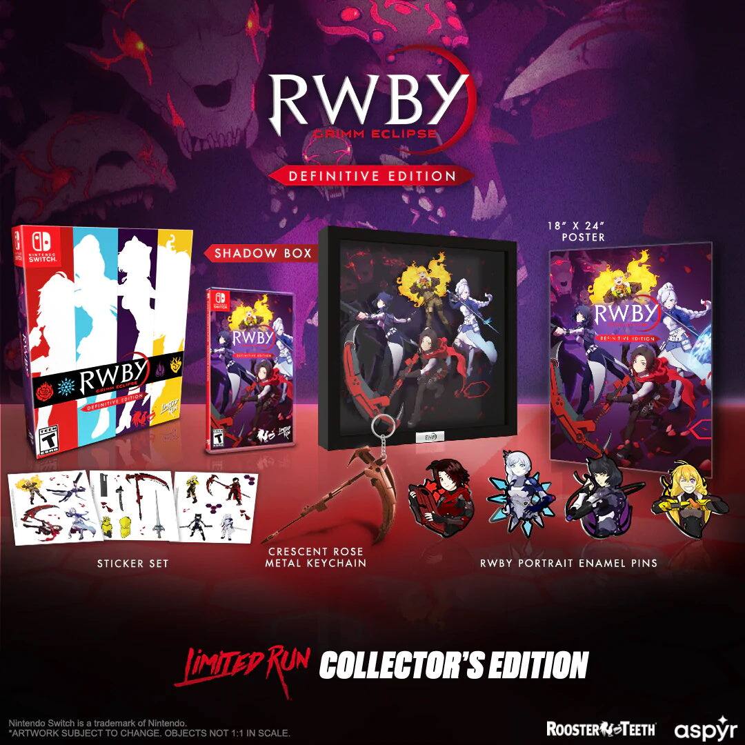 RWBY CRIMSON ECLIPSE DEFINITIVE EDITION 1 CRISNCA SWITCH SHADOW BOX 18 x 24" POSTER RWBY DEFINITIVE EDITION RWBY MIOSINE: 116 STICKER SET CRESCENT ROSE METAL KEYCHAIN RWBY PORTRAIT ENAMEL PINS LIMITED RUN COLLECTOR'S EDITION Nintendo Switch is a trademark of Nintendo. ARTWORK SUBJECT TO CHANGE. OBJECTS NOT 1:1 IN SCALE ROOSTER TEETH aspyr