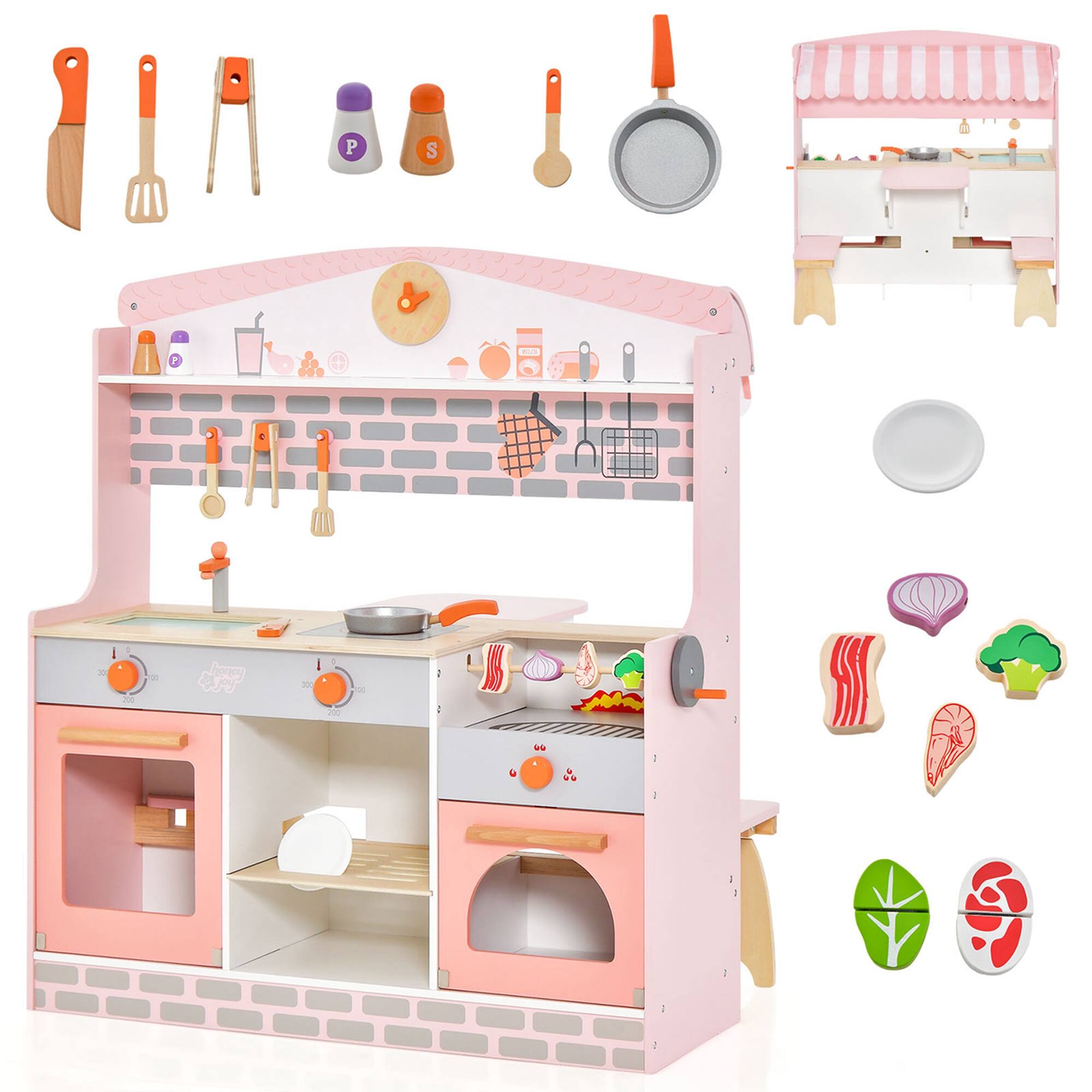 Costway - 2 in 1 Kids Play Kitchen & Restaurant Double-Sided Pretend Playset with Canopy - Pink