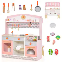 Costway - 2 in 1 Kids Play Kitchen & Restaurant Double-Sided Pretend Playset with Canopy - Pink