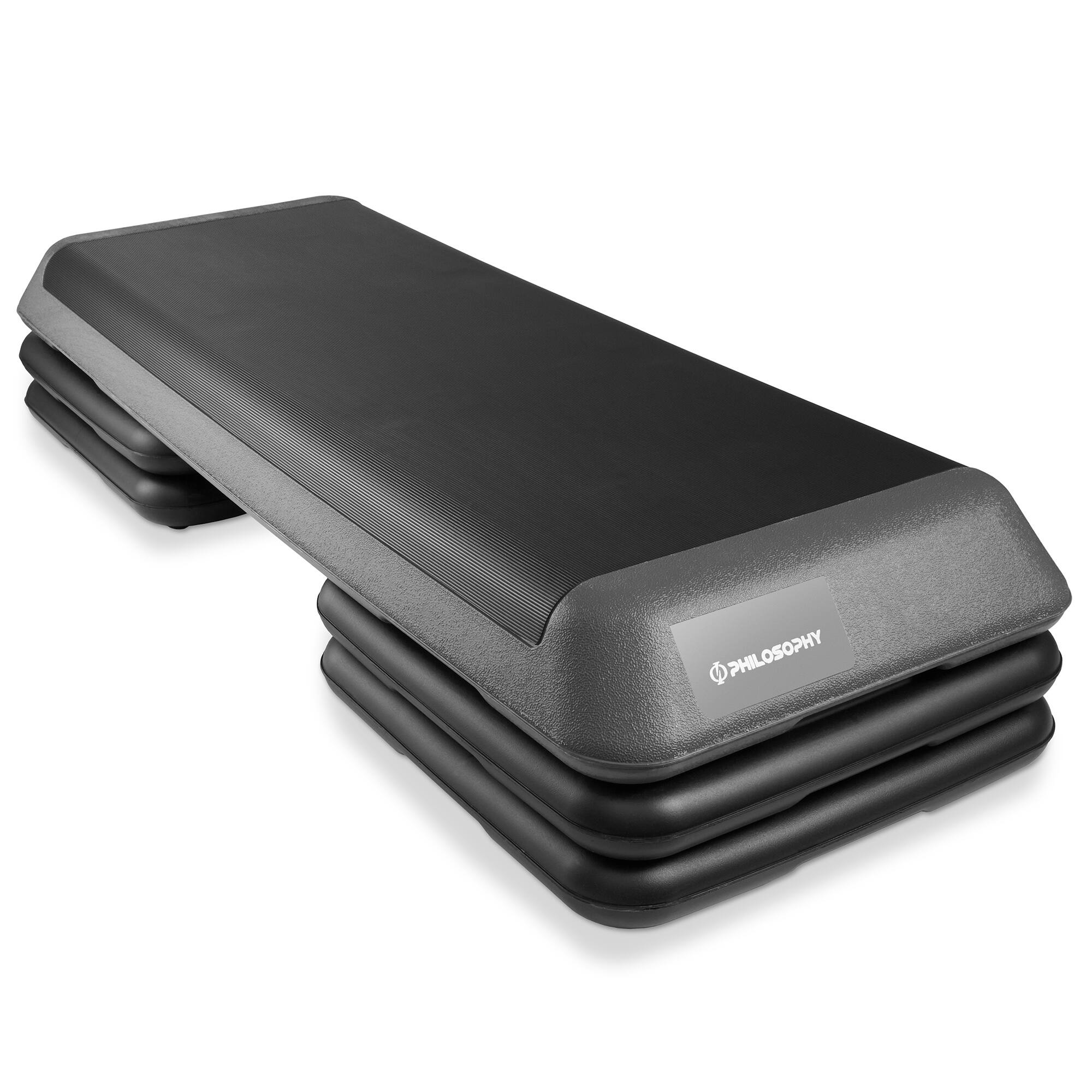 Front. Philosophy Gym - Aerobic Exercise Adjustable Step Platform Health Club Size w/ 4 Risers - Gray.