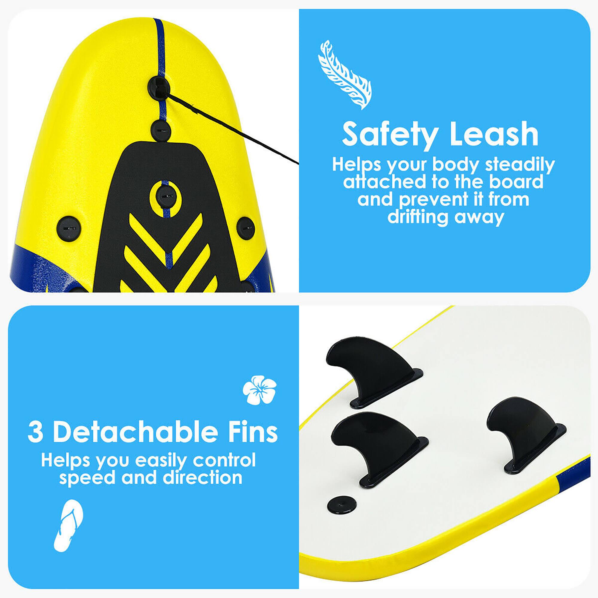 Safety Leash  
Helps your body steadily attached to the board and prevent it from drifting away  

3 Detachable Fins  
Helps you easily control speed and direction