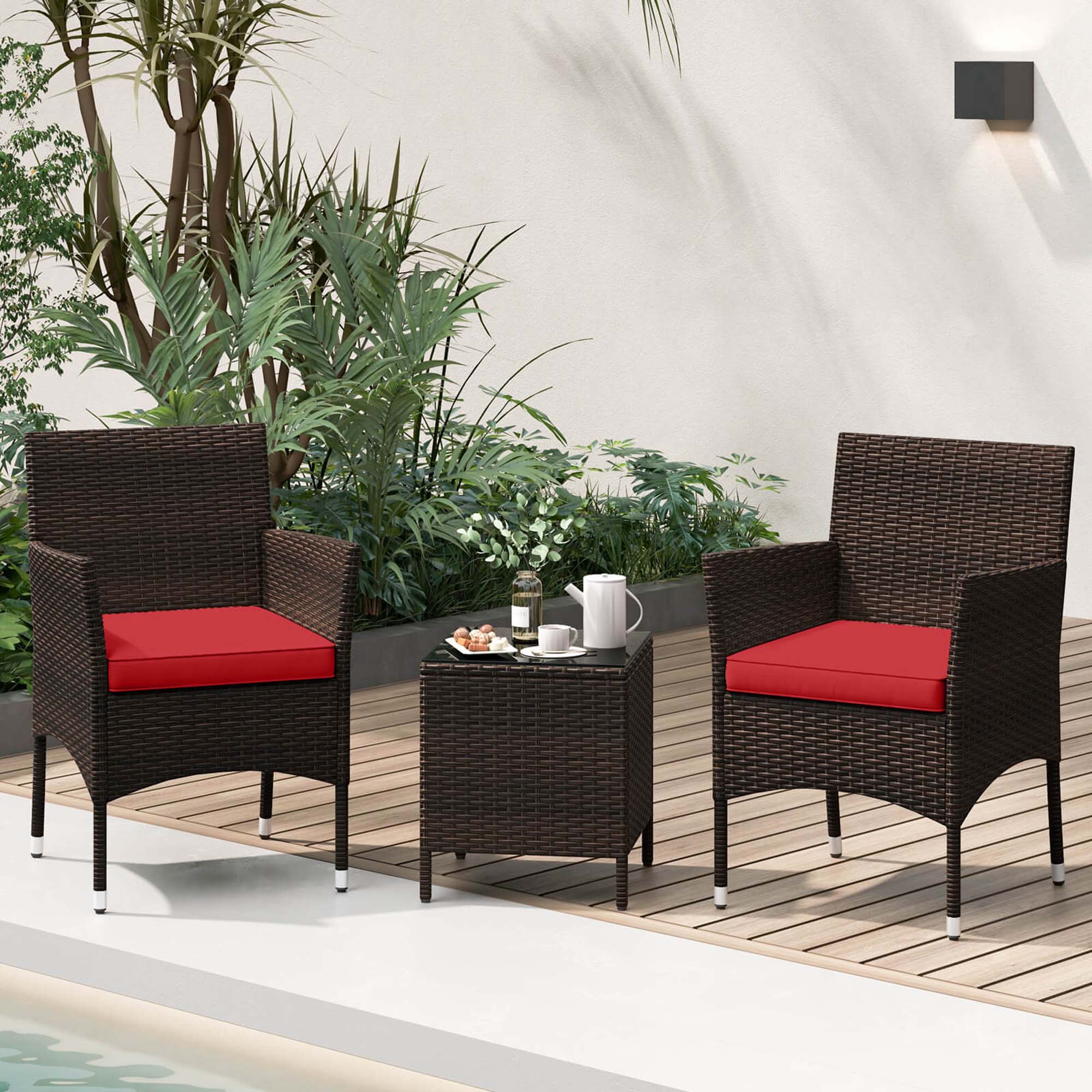 Alt View 4. Costway - 3 PCS Outdoor Conversation Set with Cushioned Seat & Tempered Glass Tabletop - Red,Mix Brown.