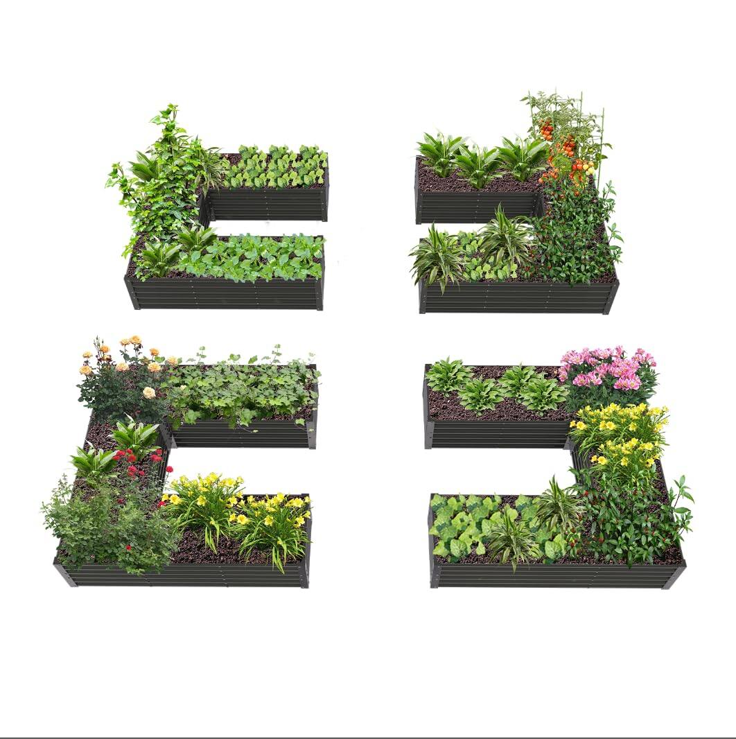 Front. A Anleolife - 4-Pack Gray Metal Rectangular U-Shaped Raised Garden Bed Planter Box for Vegetables (74 in. L x 74 in. W x 18 in. H) - Gray.