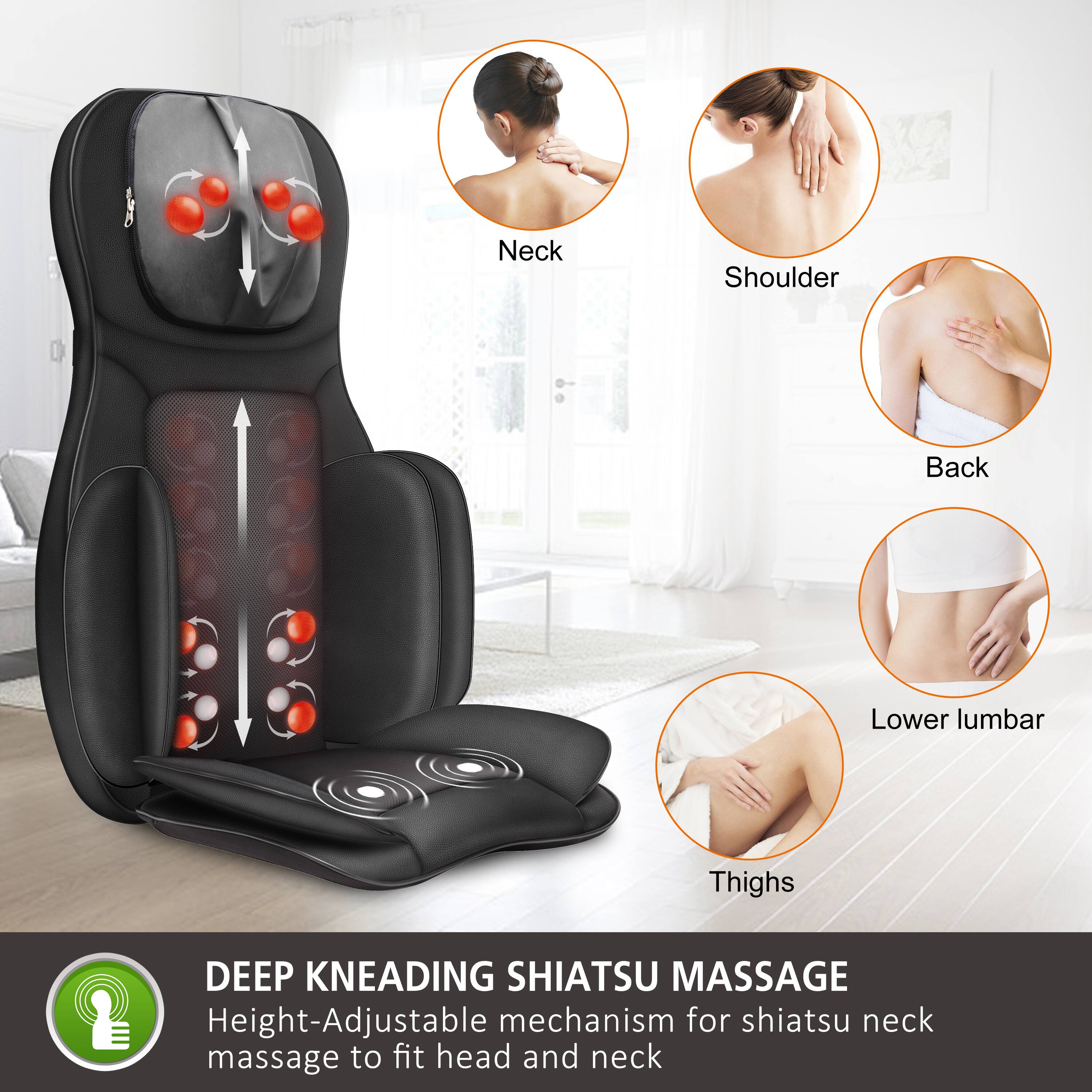 The text on the image can be grouped and corrected as follows:

**Deep Kneading Shiatsu Massage**

- **Neck**
- **Shoulder**
- **Back**
- **Lower Lumbar**
- **Thighs**

**Height-Adjustable Mechanism for Shiatsu Neck Massage to Fit Head and Neck**