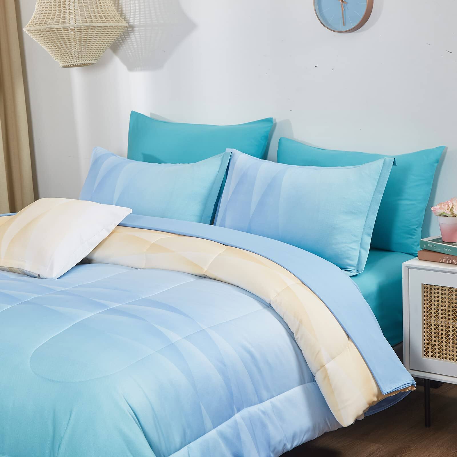 Alt View 3. Earthley Blooms - Comforter Set Size Colorful Ombre Bedding 6 Pieces Bed In A Bag For Teen 1 1 Flat Sheet Fitted Pillow Sham 2 - Blue Pink Purple-Queen.