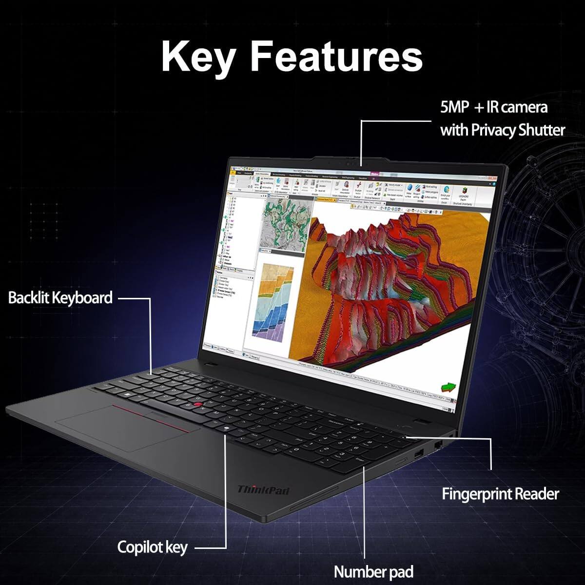 Key Features

- 5MP + IR camera with Privacy Shutter
- Backlit Keyboard
- Fingerprint Reader
- Copilot key
- Number pad