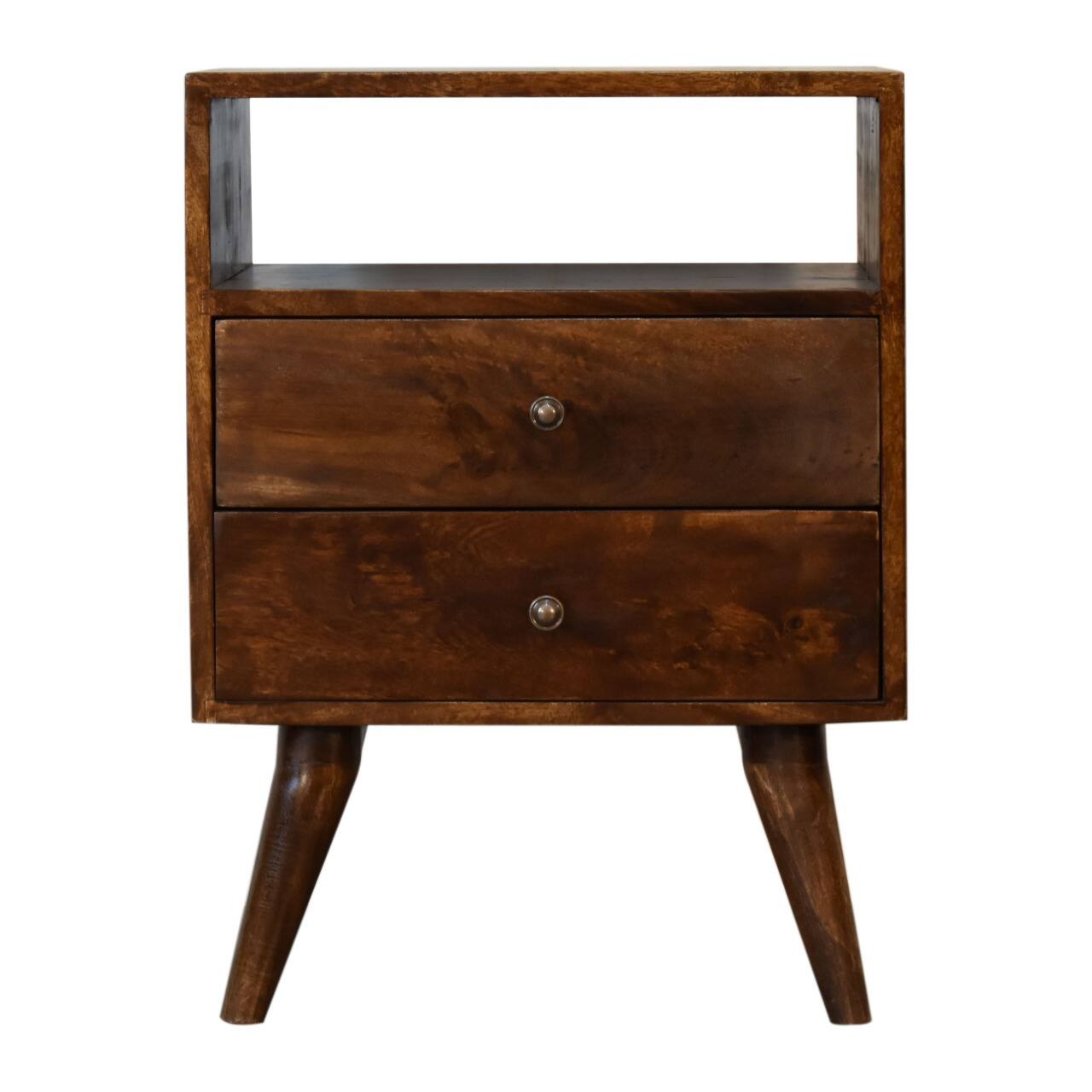 Front. Artisan Furniture - Artisan Furniture Solid Wood Classic Chestnut Nightstand, 2 Drawers, 1 Open slot, Nordic Legs, Dark Brown - Chestnut.
