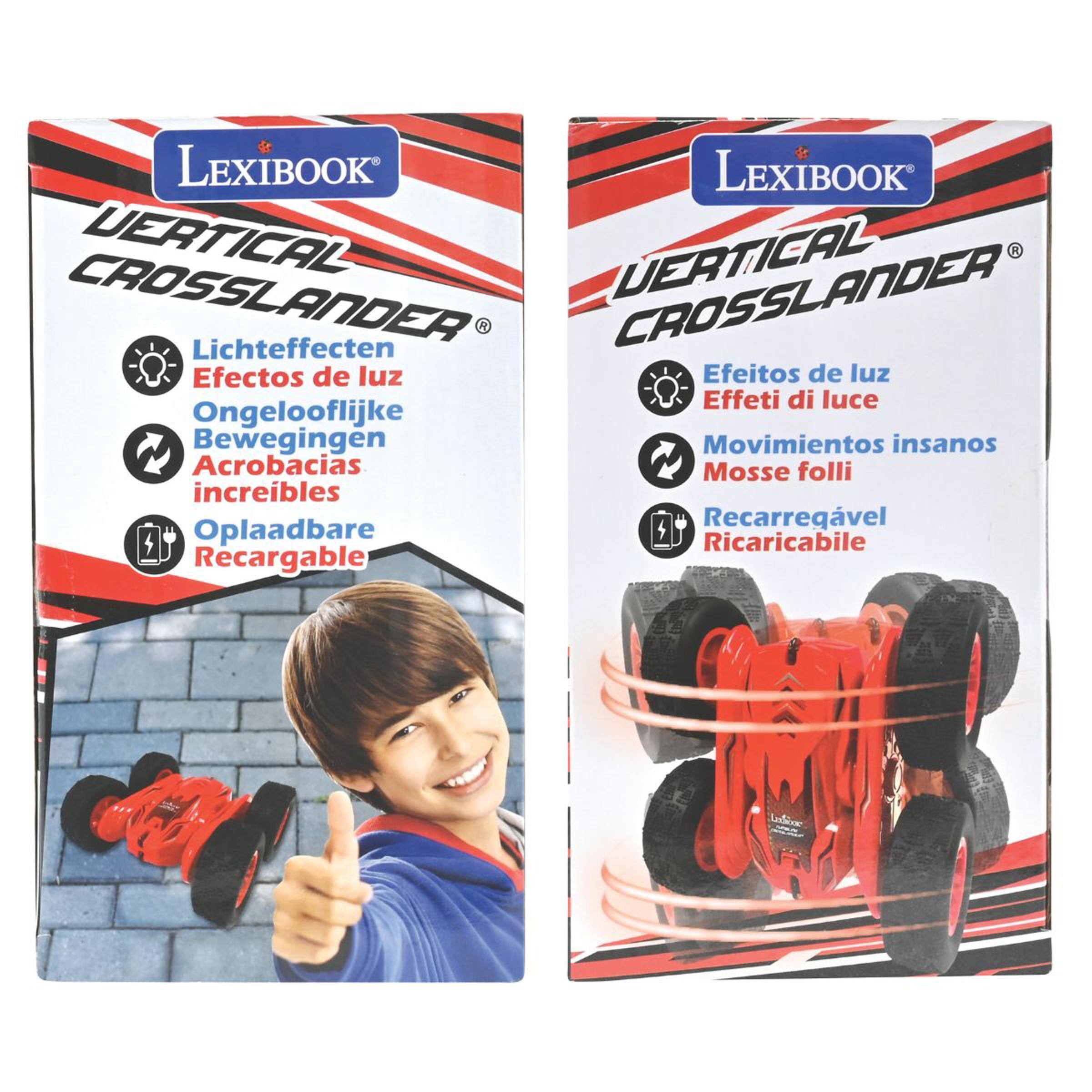LEXIBOOK VERTICAL CROSSLANDER  
Efectos de luz  
Lichteffecten  
Effetti di luce  
Ongelooflijke Bewegingen  
Movimientos insanos  
Acrobacias  
Mosse folli  
incredibles  
Oplaadbare  
Ricaricabile  
Recargable