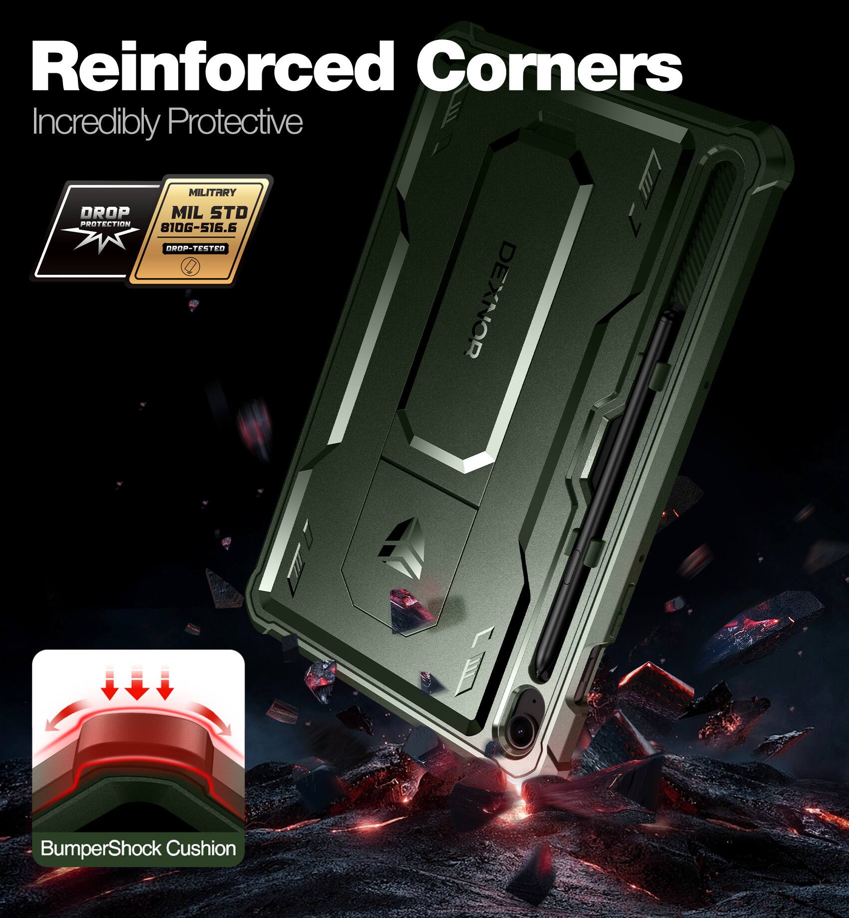 Reinforced Corners  
Incredibly Protective  

MILITARY  
MIL STD 810G-516.6  
DROP-TESTED  

BumperShock Cushion