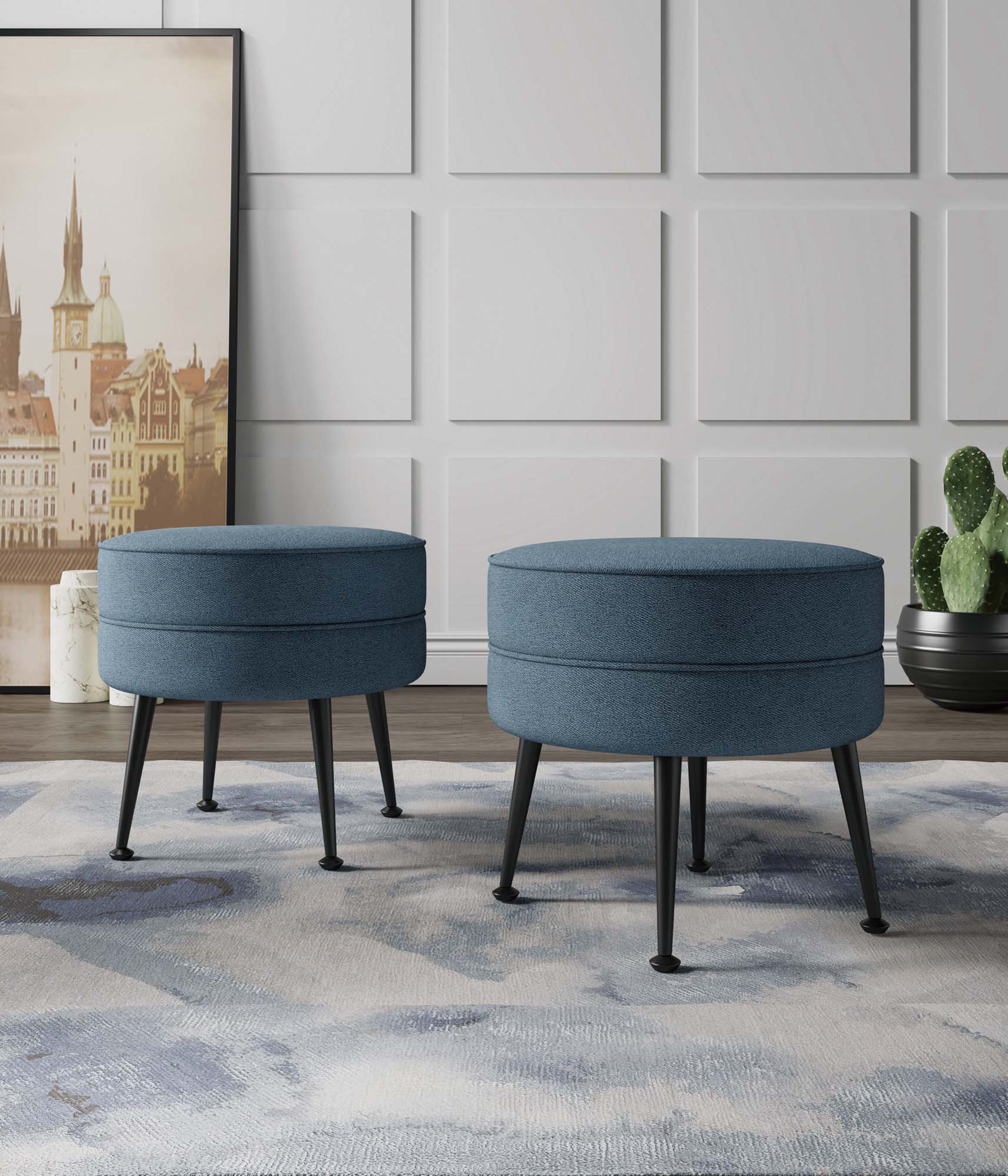 Angle. Manhattan Comfort - Bailey Mid-Century Modern Upholstered Accent Ottoman - Set of 2 - Blue.