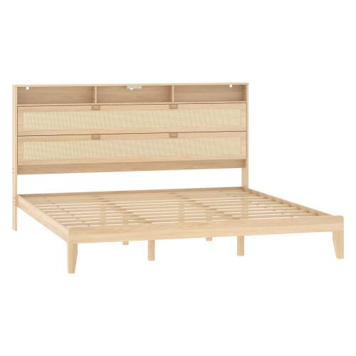 Alt View 4. Winado - Bed Frame with Storage Headboard and Charging Station, Rattan Platform Bed Wood Bed with Shelves, No Box Spring Needed - Natural,King Size.