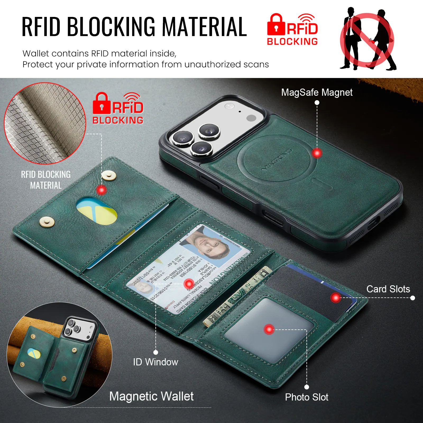 RFID BLOCKING MATERIAL

Wallet contains RFID material inside, Protect your private information from unauthorized scans

RFID BLOCKING

RFID BLOCKING MATERIAL

MagSafe Magnet

Card Slots

ID Window

Magnetic Wallet

Photo Slot