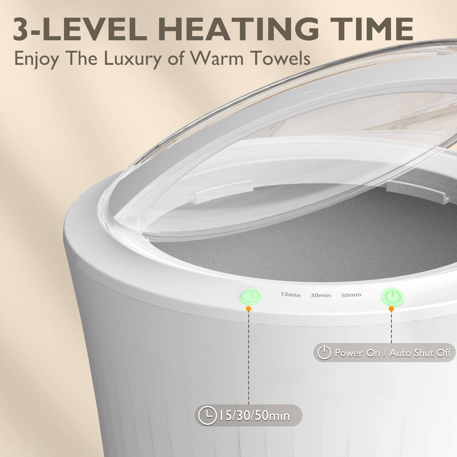 3-LEVEL HEATING TIME  
Enjoy The Luxury of Warm Towels  

15min 30min 50min  
Power On / Auto Shut Off  
15/30/50min