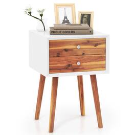 Gymax - Wooden Nightstand Mid-Century End Side Table Bedroom W/2 Storage Drawers Brown - White & Brown