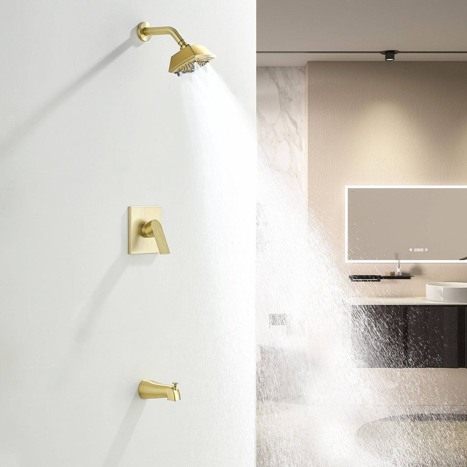 Alt View 4. Boyel Living - Brushed Gold Brass Shower Set 5-Function ABS Top Spray Pressure Balance Valve Large Flow Lift-Up Spout 1/2NPT Thread - Brushed Gold.
