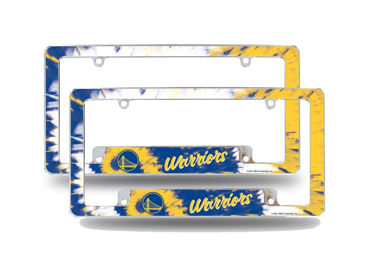 Golden State Warriors Chrome Metal (Set of 2) License Plate Frames with Bold Tie Dye Design