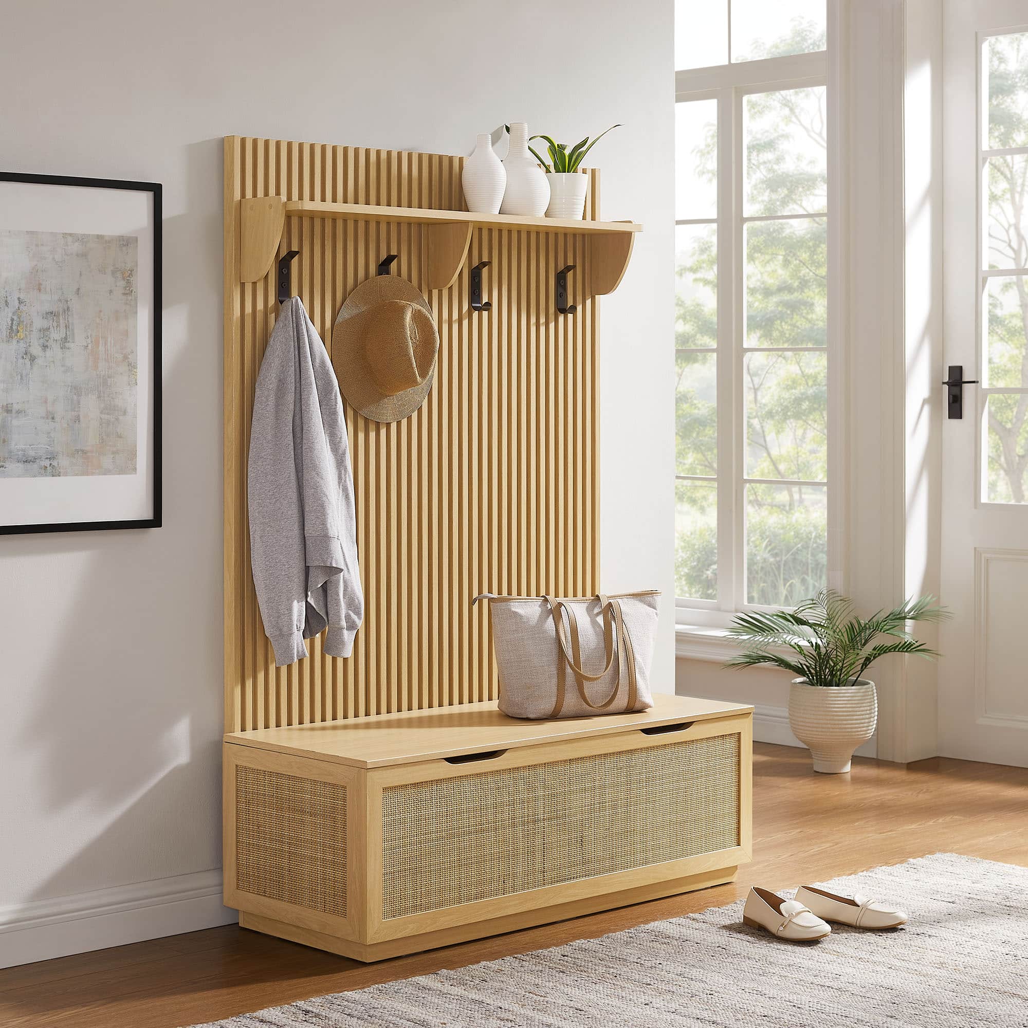 Soma Fluted 3-in-1 Hall Tree With Storage Bench and Coat Rack by Modway - Light Oak