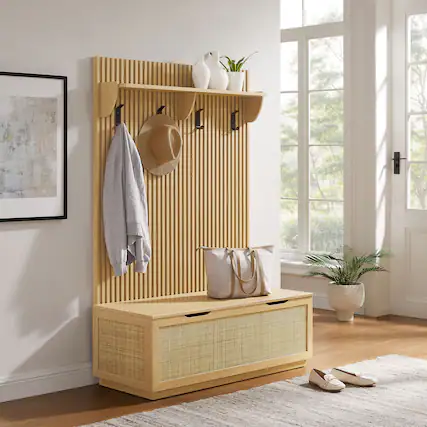 Front. Modway - Soma Fluted 3-in-1 Hall Tree With Storage Bench and Coat Rack by Modway - Light Oak.