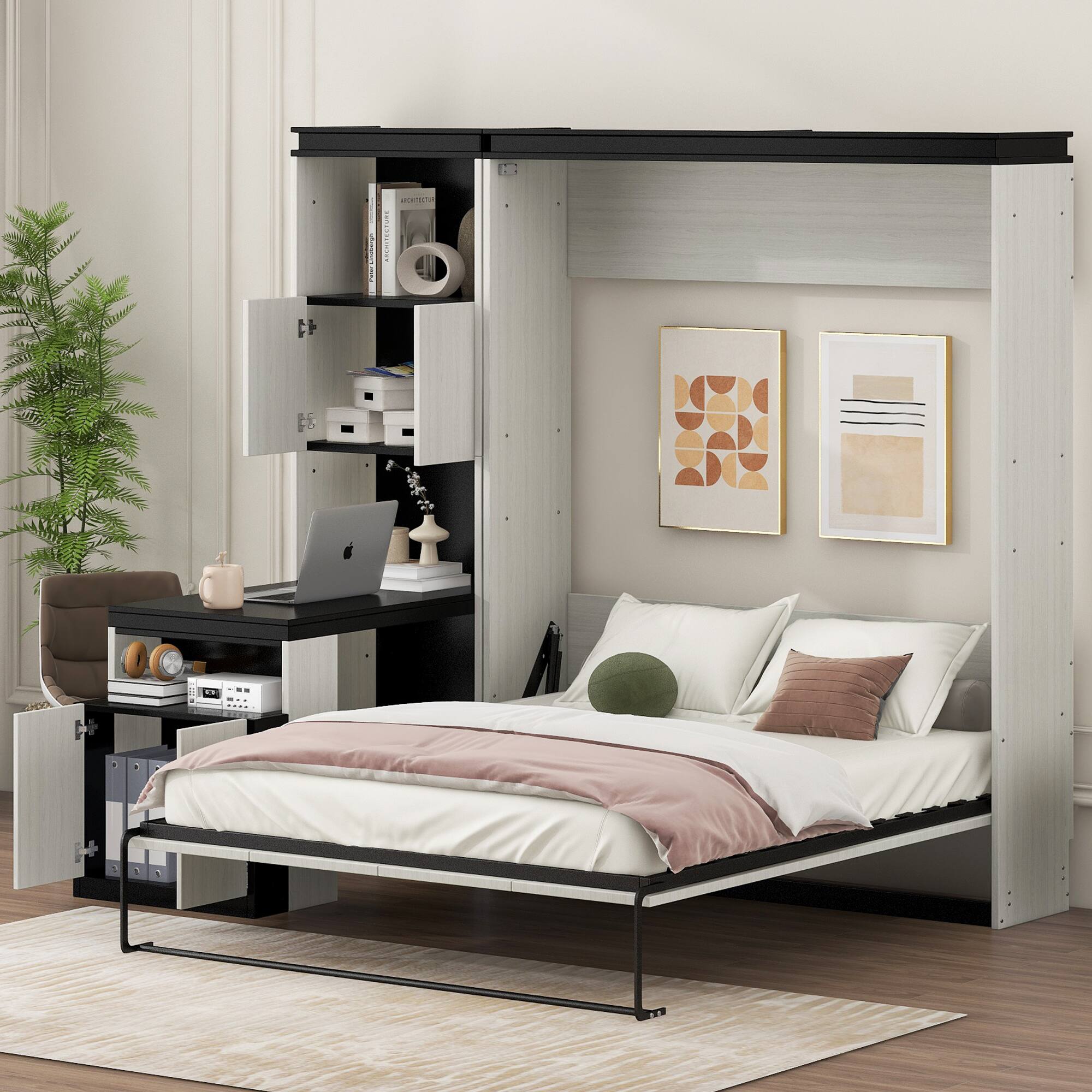 Angle. Tiramisubest - Full Size Murphy Bed with Desk, Storage, Black+White, Solid Wood+MDF, 82x81x83 inches, 355 lbs - Black White.