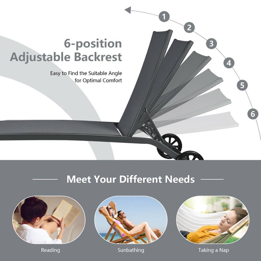 6-position Adjustable Backrest  
Easy to Find the Suitable Angle for Optimal Comfort  

1 2 3 4 5 6  

Meet Your Different Needs  
Reading  
Sunbathing  
Taking a Nap
