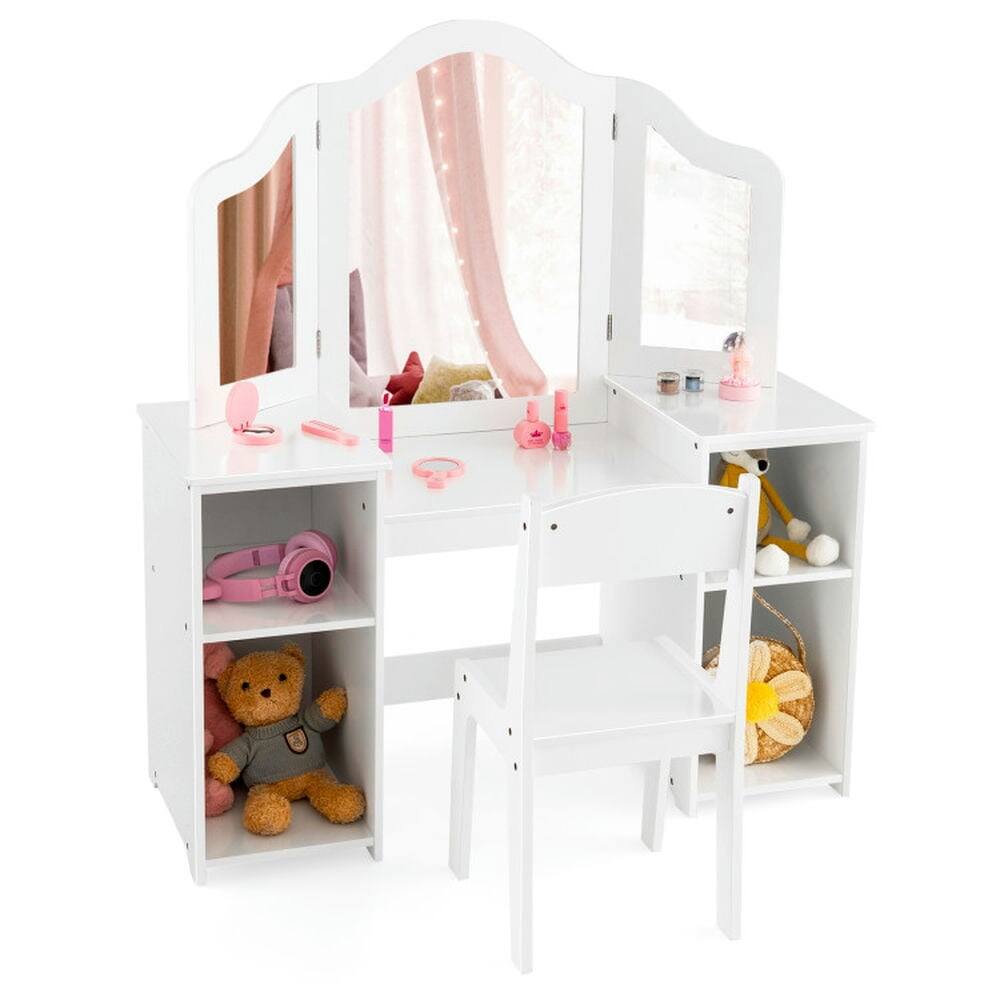 Back. Kadyn - Kids Vanity Table and Chair Set with Removable Tri-Folding Mirror-White, Kids Makeup Vanity for Girls Kids - White.
