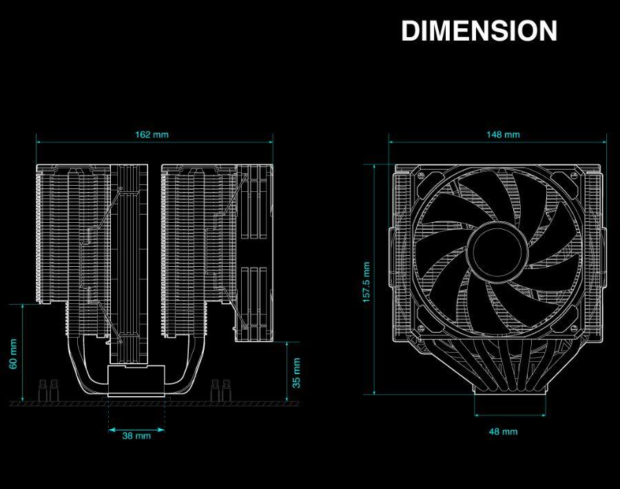 DIMENSION  
162 mm  
148 mm  
60 mm  
35 mm  
38 mm  
157.5 mm  
48 mm