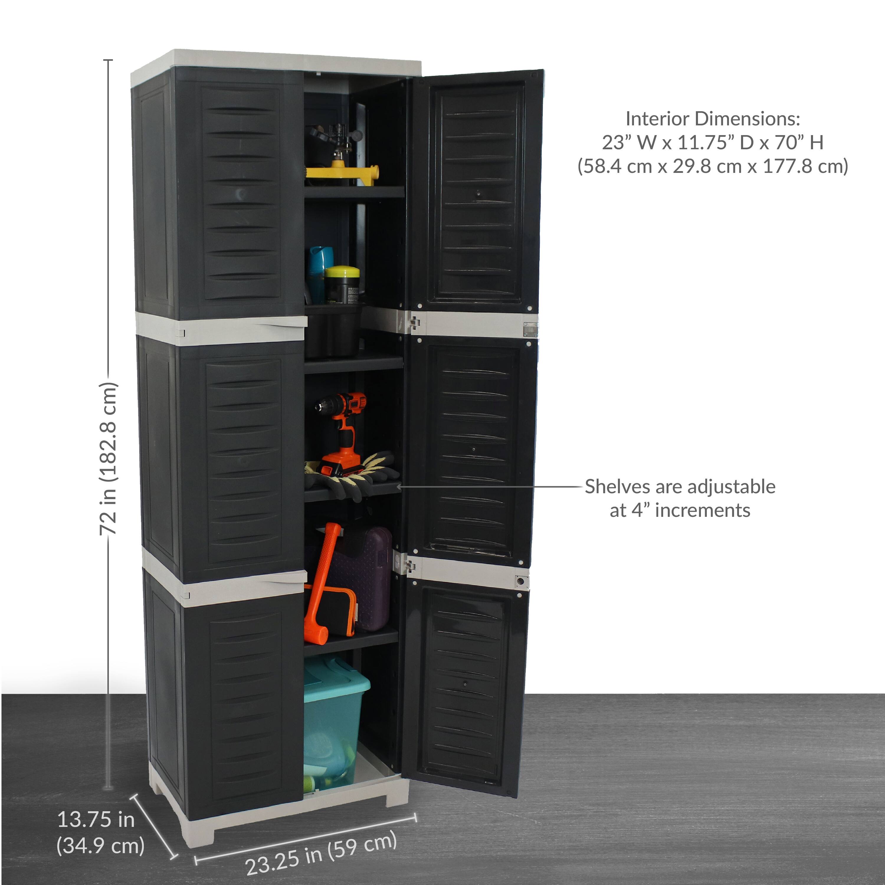 Interior Dimensions:  
23" W x 11.75" D x 70" H (58.4 cm x 29.8 cm x 177.8 cm)  

Shelves are adjustable at 4" increments  

13.75 in (34.9 cm)  
23.25 in (59 cm)  

72 in (182.8 cm)