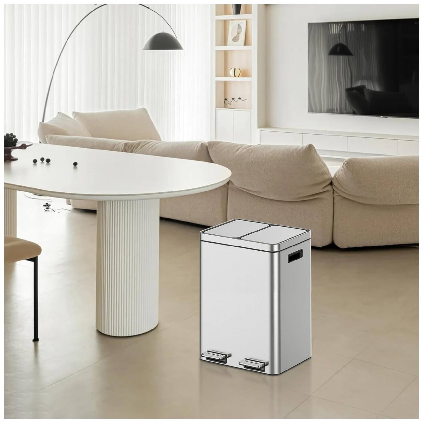 Alt View 1. GARVEE - Dual Compartment 40L Stainless Steel Kitchen Bin – Soft-Close Pedal, 2 Removable Buckets - Silver.