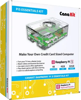 P15 ESSENTIALS KIT | Cana Kit | Make Your Own Credit Card Sized Computer | Turn your TV into a Media Center | Watch videos and browse the Internet | Use open source office applications | Play classic games with Retro Gaming | Learn to code & explore computing | Raspberry Pi 5 | 4K | 4GB | 32GB | RAM | STORAGE | DUAL MONITOR | Cana Kit | RASPBERRY PI | CANAKIT | Raspberry Pi Approved Reseller