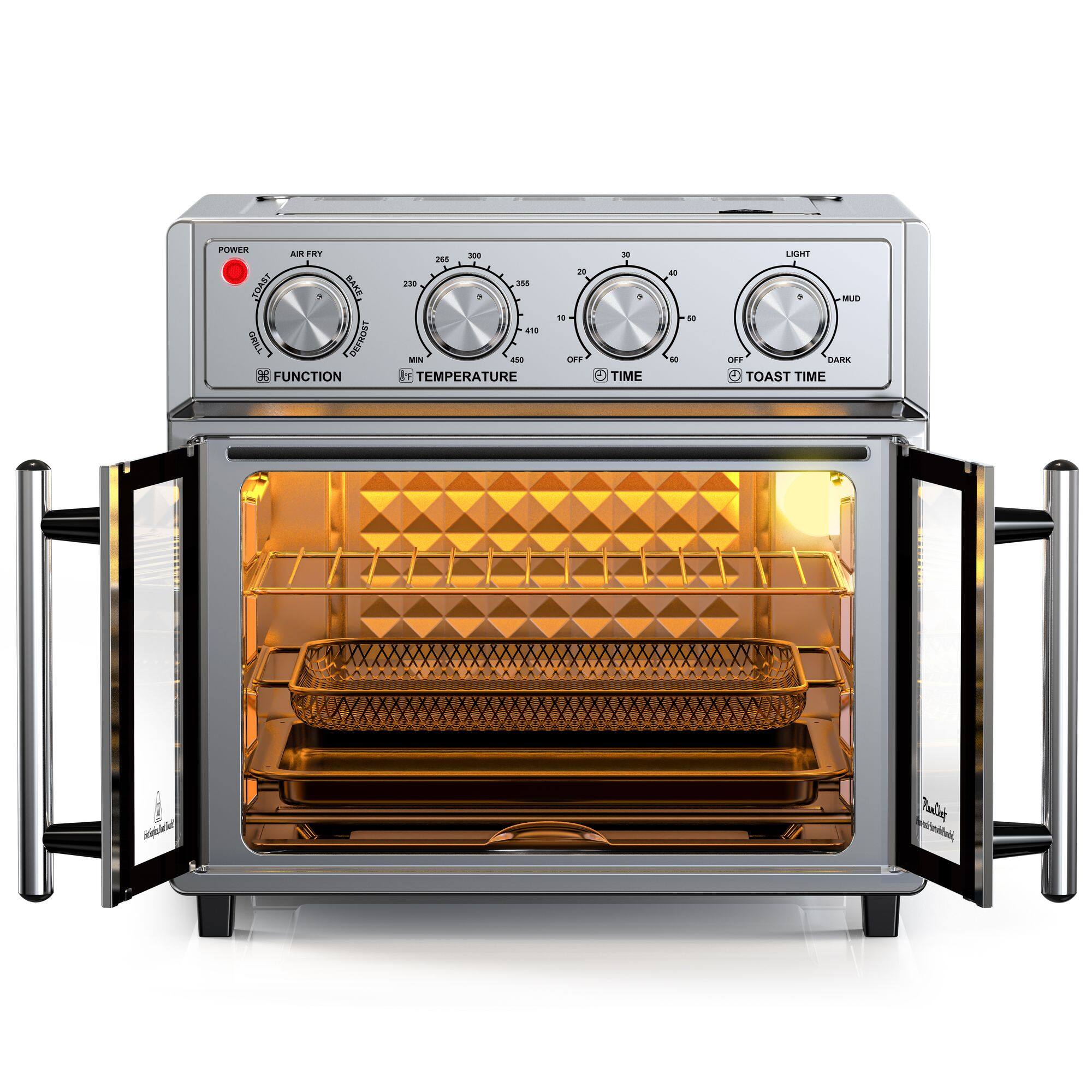 POWER  
AIR FRY  
TOAST  
BASSA  
GRILL  
DEFROST  
FUNCTION  
- 25 2 38 + 4N  
MIN  
ane H  
TEMPERATURE  
i - OFF - + 0  
TIME A - d -  
LIAIT + M  
. DARK  
TOAST TIME