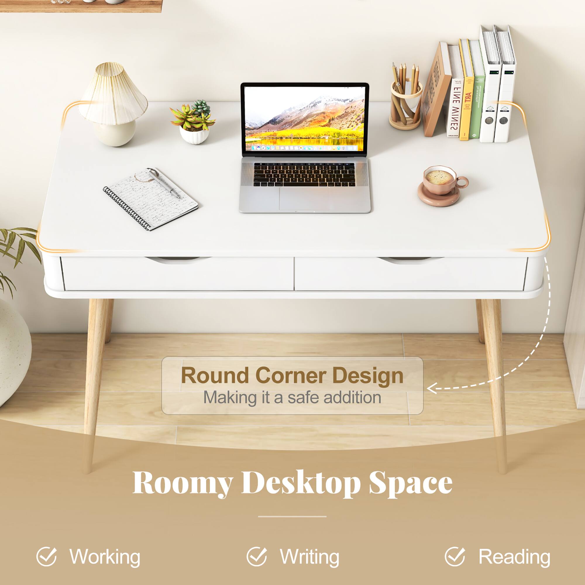 FINE TRA | - WINES : - CONS . d - Round Corner Design Making it a safe addition Roomy Desktop Space Working Writing Reading
