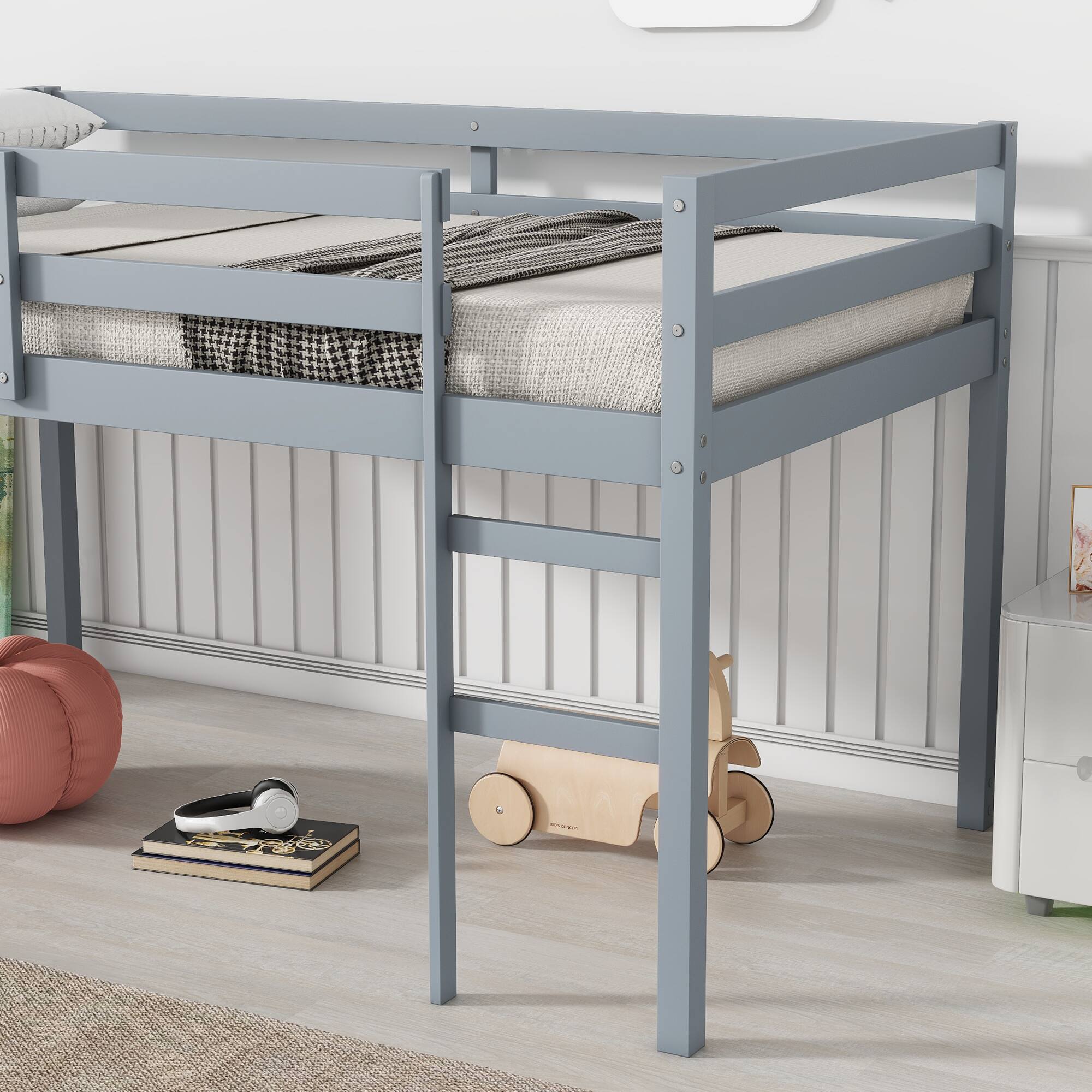 Back. GOODSILO - Solid Wood Twin Loft Bed with Ladder & Strengthened Slats - Grey.