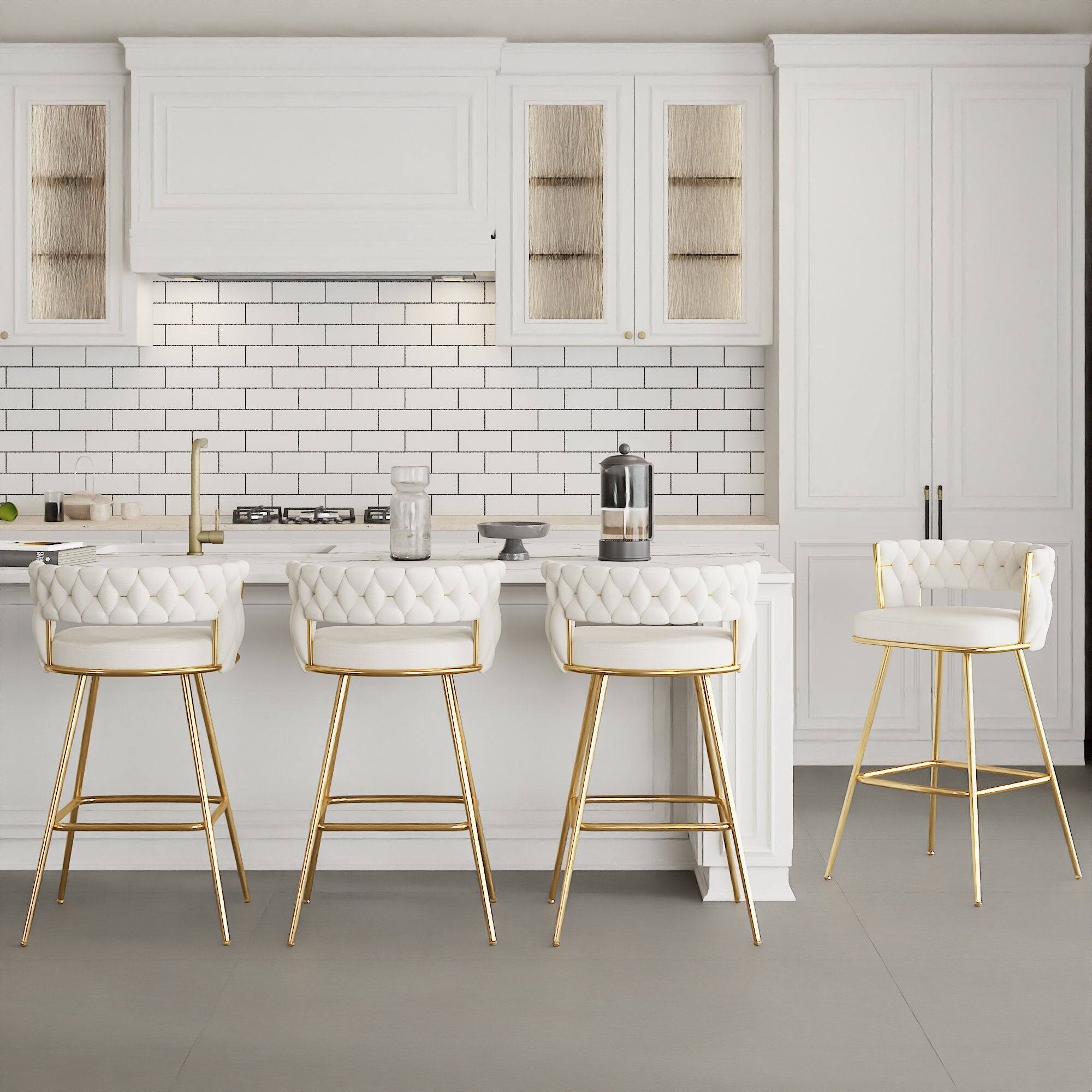 Alt View 4. Vecelo - White PU Leather Bar Stool with Electroplated Metal Frame – 34-Inch Tall Bar Chair with Footrest - White.