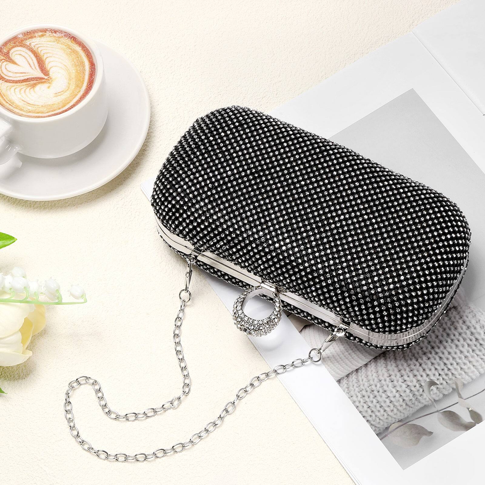 Alt View 5. Unique Bargains - Sparkly Rhinestone Evening Clutch Purse for Women, Vintage Crystal Ring Clasp Handbag for Bridal Wedding 1920s Party - Black.