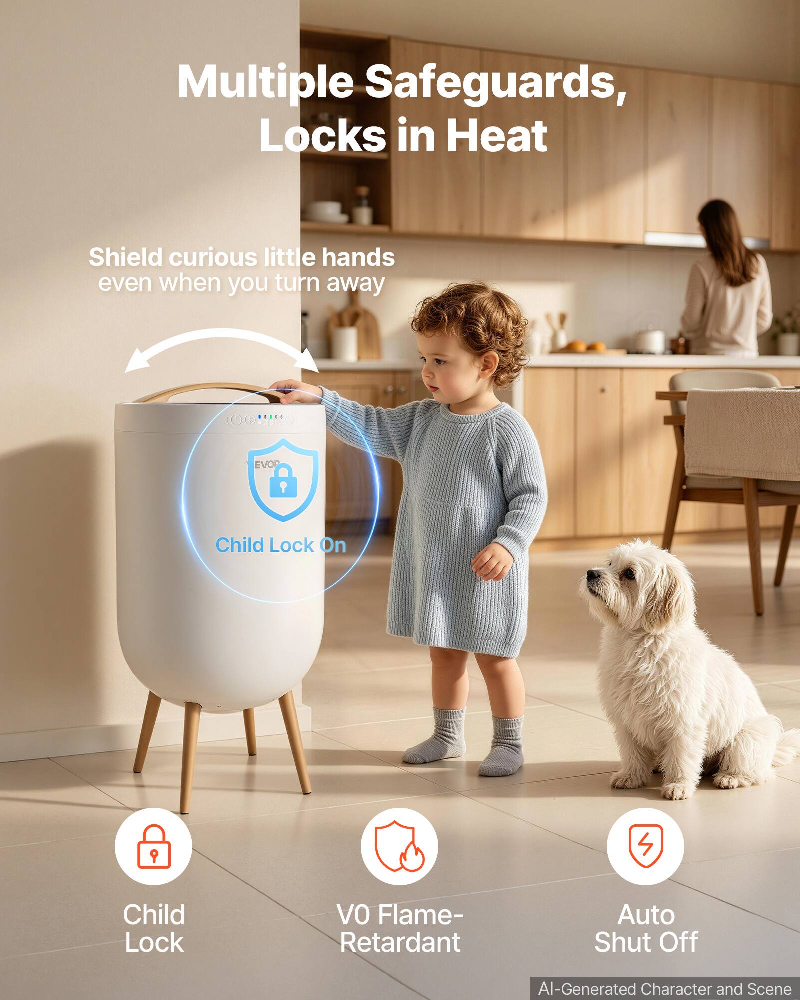 Multiple Safeguards, Locks in Heat

Shield curious little hands even when you turn away

Child Lock On

Child Lock
VO Flame-Retardant
Auto Shut Off

AI-Generated Character and Scene