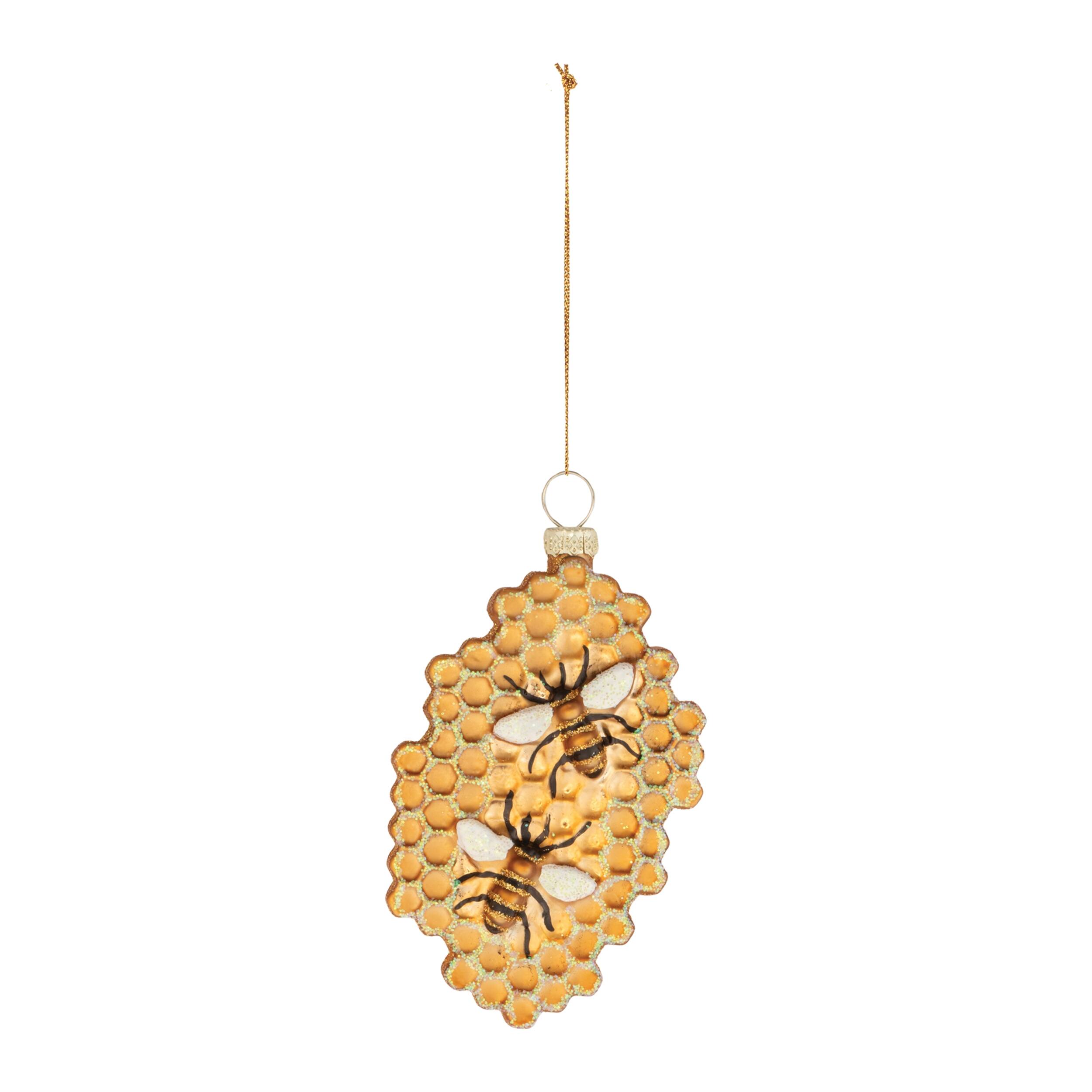 Angle. BreeBe - Bee and Honeycomb Ornament (Set of 12) - Yellow, Gold, Black.