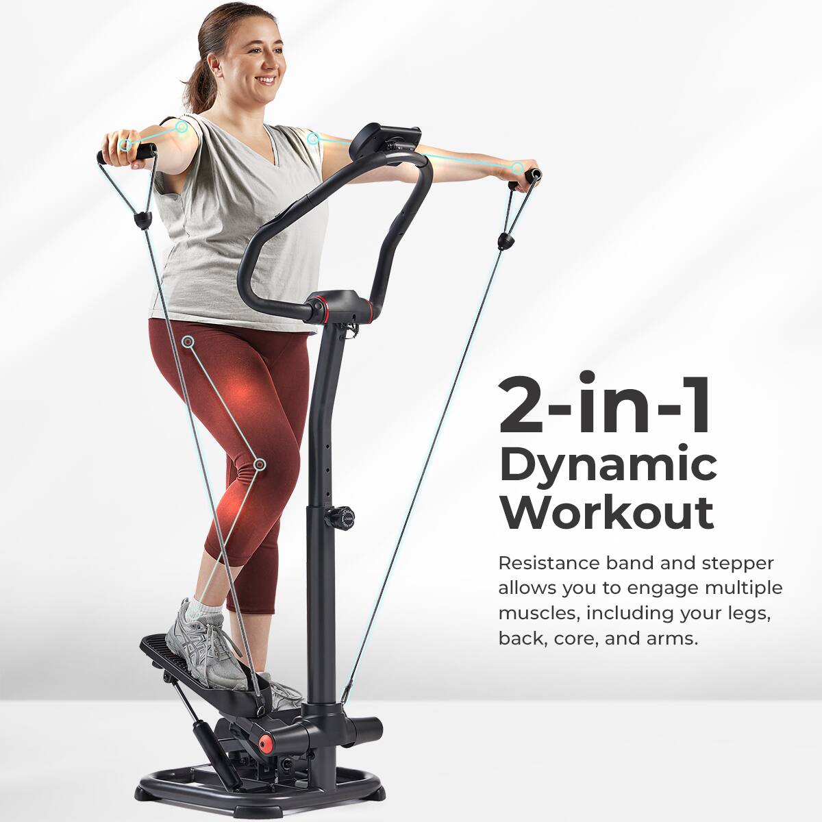 2-in-1 Dynamic Workout
Resistance band and stepper allows you to engage multiple muscles, including your legs, back, core, and arms.