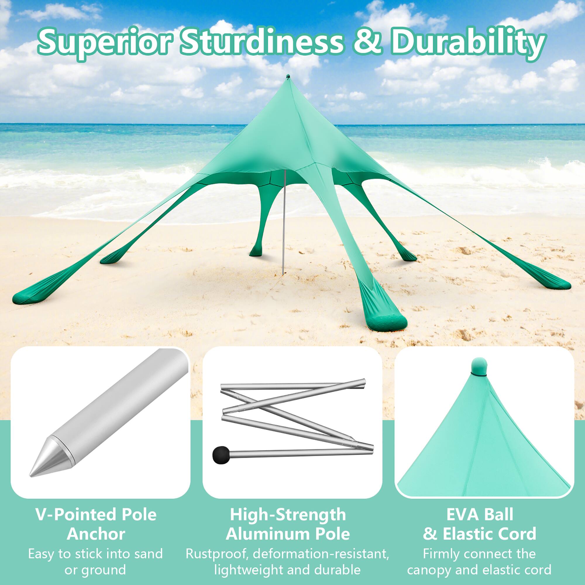 Superior Sturdiness & Durability: V-Pointed Pole, High-Strength EVA Ball, Anchor, Aluminum Pole & Elastic Cord. Easy to stick into sand, Rustproof, deformation-resistant, Firmly connect the canopy and elastic cord. Lightweight and durable.