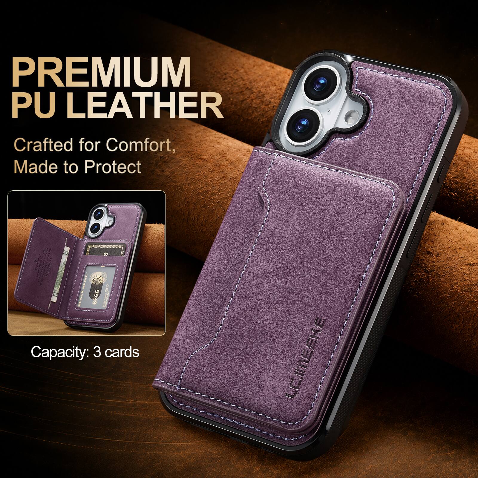 PREMIUM PU LEATHER  
Crafted for Comfort, Made to Protect  
Capacity: 3 cards  
LC.IMEEKE