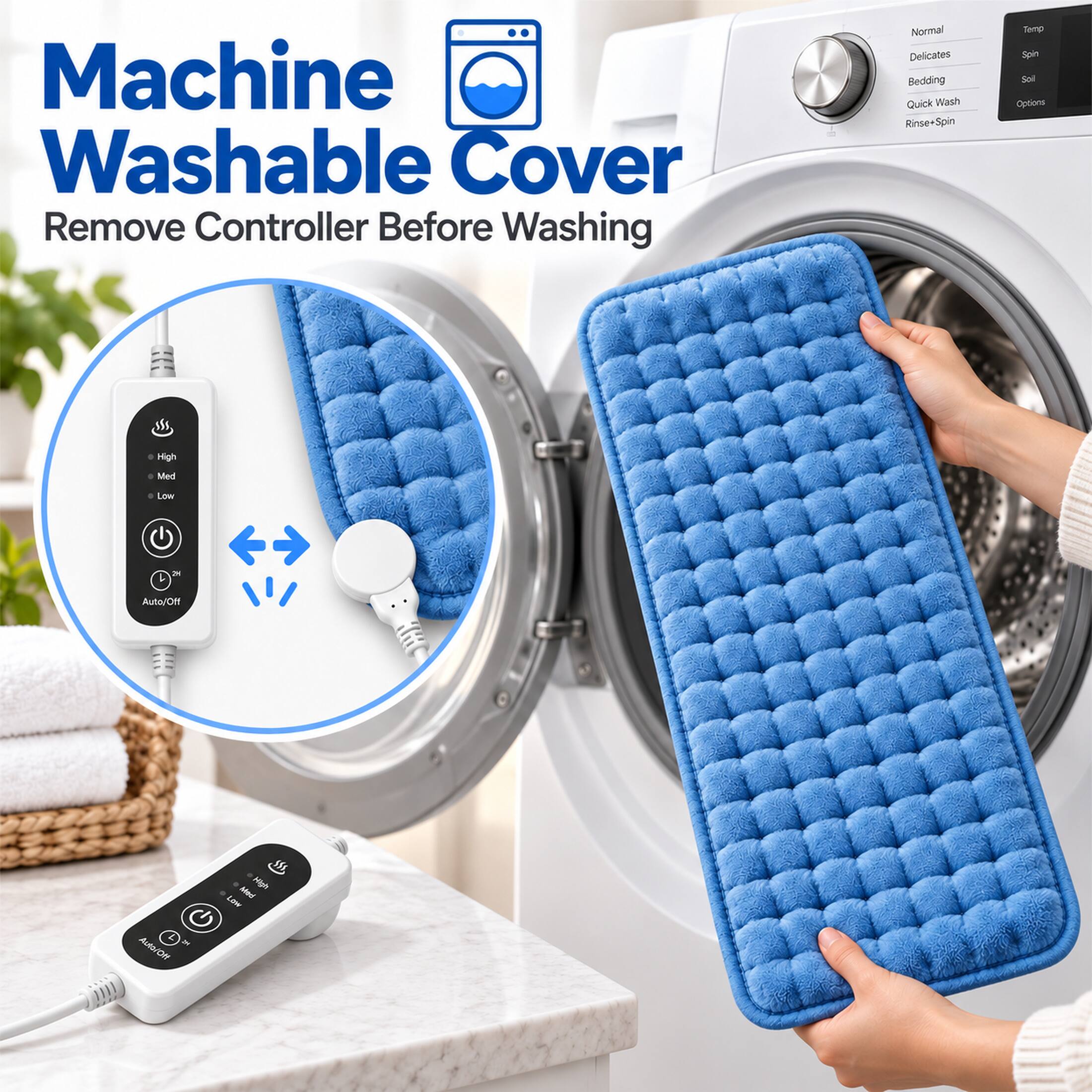 Machine Washable Cover  
Remove Controller Before Washing  

Normal  
Delicates  
Bedding  
Quick Wash  
Rinse+Spin  

Temp  
Spin  
Soil  
Options  

0  
High  
Med  
Low  
24  
Auto/Off  
Auto/Off  

Mac  
High  
Low