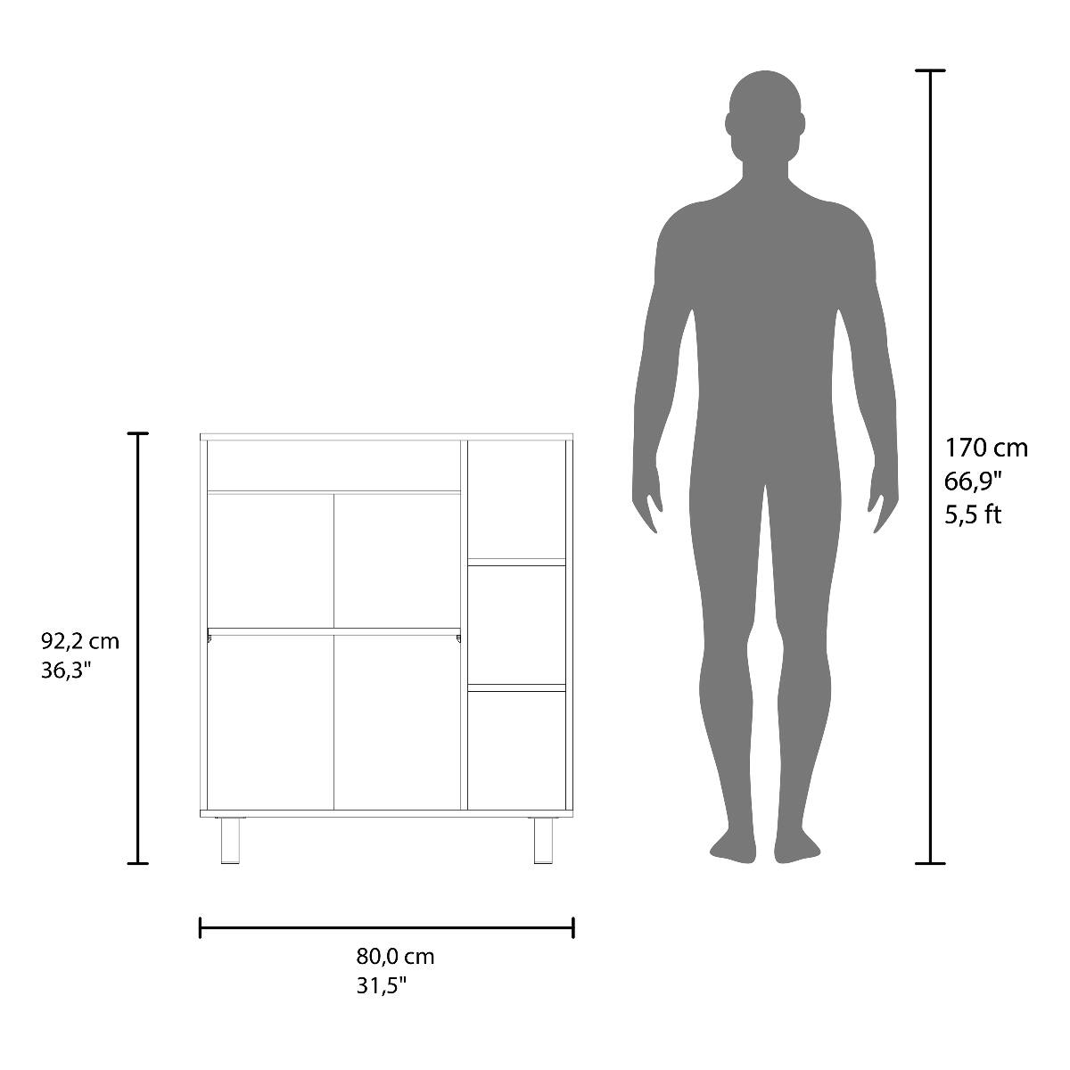 170 cm 66,9" 5,5ft  
92,2 cm 36,3"  
80,0 cm 31,5"