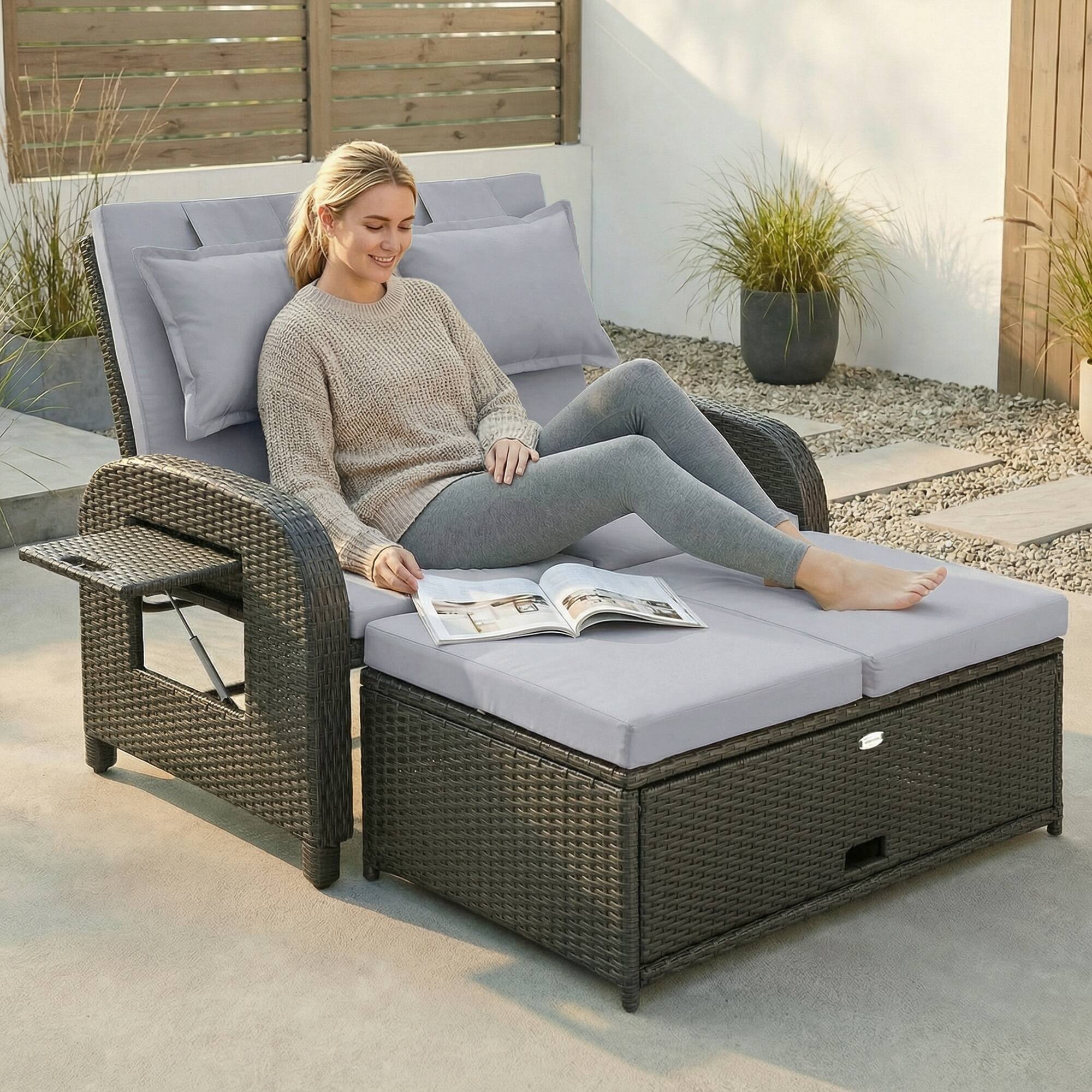 Alt View 1. Outsunny - Rattan Daybed, Wicker Outdoor Daybed with Storage Ottoman, Loveseat w/ Adjustable Backrest - Gray.