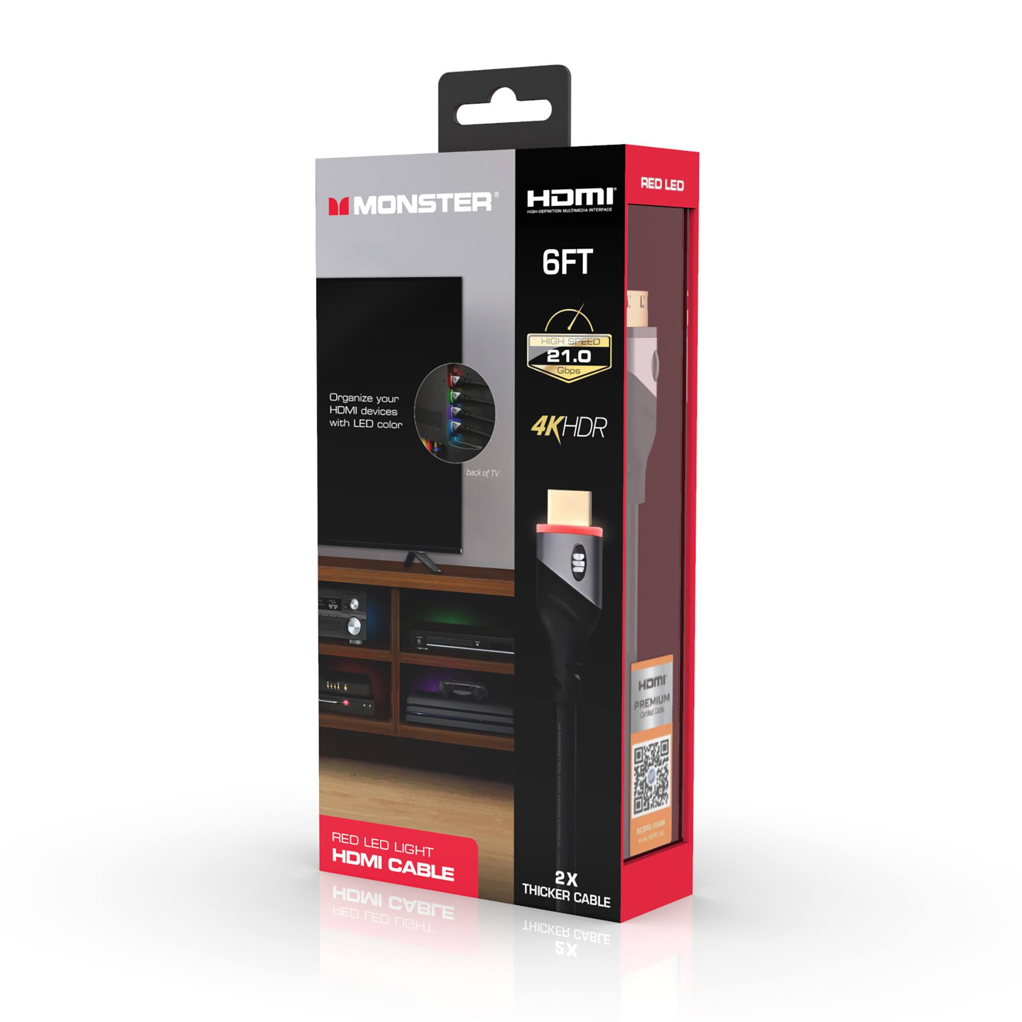 RED LED MONSTER HDMI 6FT GH SEO 21.0 Organize your HDMI devices with LED color 4KHDR back N bnd HDM PREMIUM - Oas RED LED LIGHT HDMI CABLE 2X THICKER CABLE