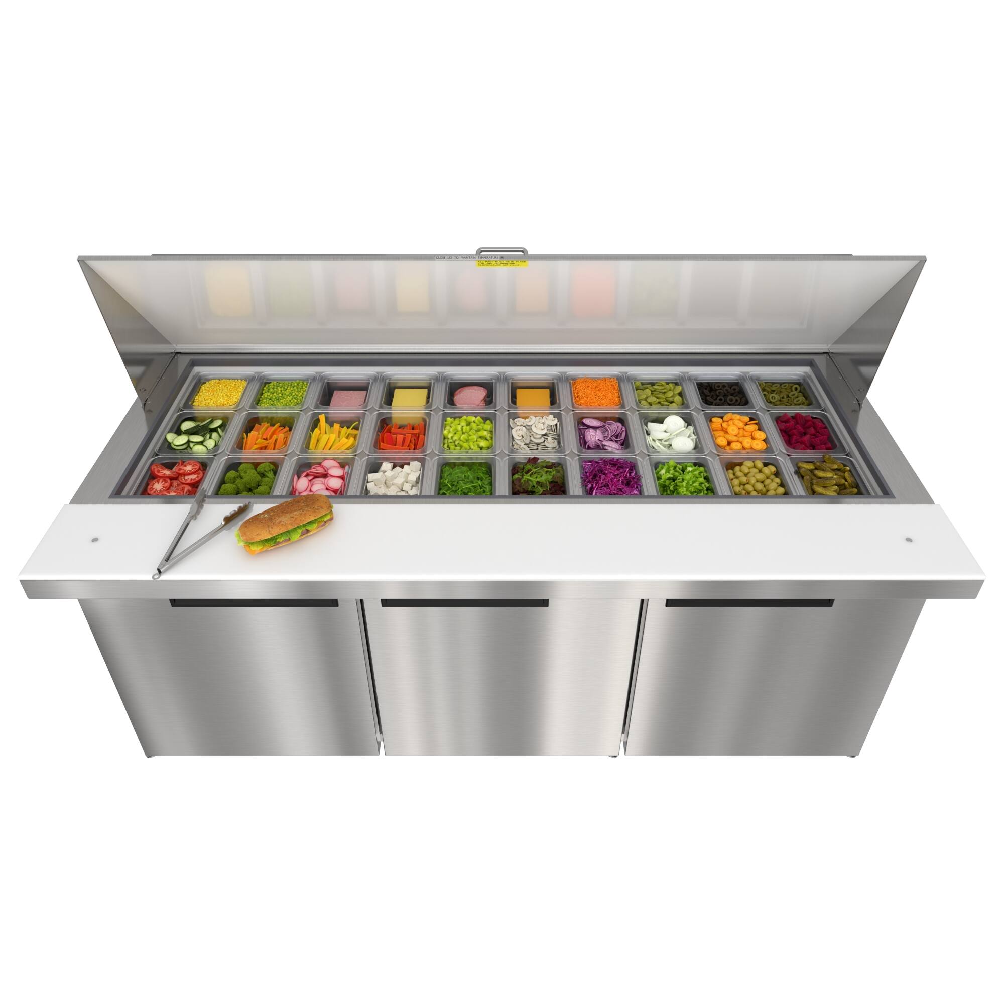 Back. Koolmore - 70 in. Commercial 3-Door Refrigerated Mega Salad and Sandwich Prep Table, 30 Pan Capacity and 22 Cu. Ft. of Storage - Stainless steel.